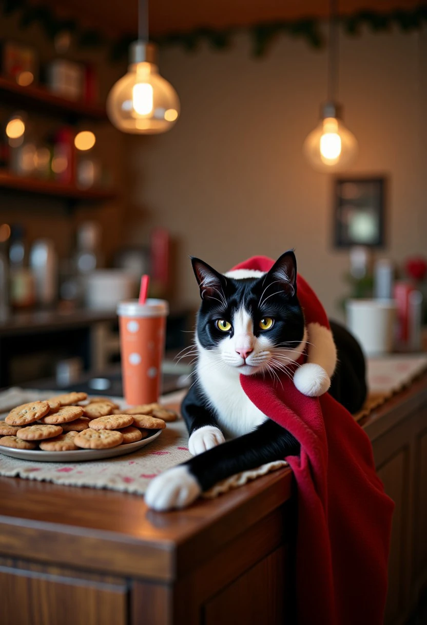 a photo of a Christmas cozy bar with a santa hat on the counter with cookies