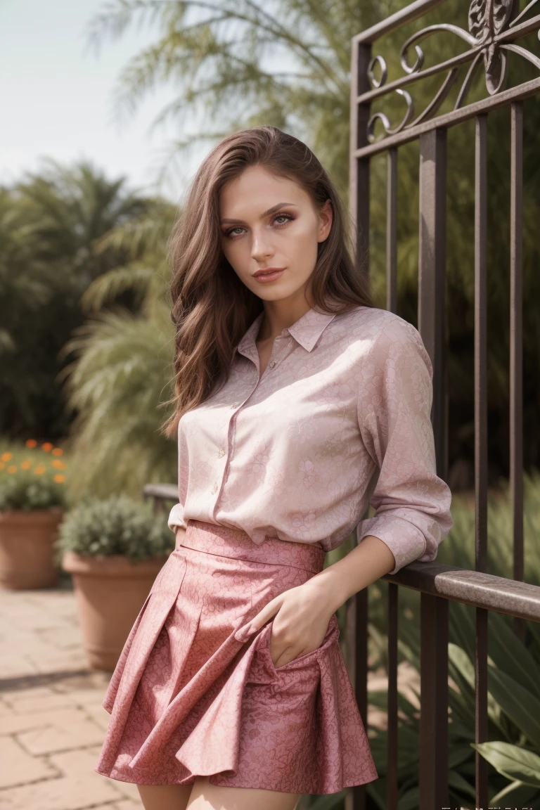 cinematic photo Dutch angle, intricate details,  (best quality), (masterpiece), (realistic), (intricate),  <lora:JadeVenusQuiron_v05i03e25t05_Lora:0.77> jadevenusQuiron woman, 1girl, solo, makeup, , Leaning against a wrought-iron fence, she holds a bouquet of wildflowers, radiating natural charm, Gucci floral print silk blouse and matching skirt, . 35mm photograph, film, bokeh, professional, 4k, highly detailed