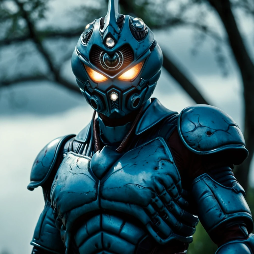 cinematic film still of  <lora:The Guyver xl v1:0.9>
The Guyver a man with a Guyver armor staring at camera with glowing white bright eyes outdoors with clouds above at down, perfect image, perfect body, perfect anatomy, sharp image, detailed image, Kodak film style, high quality photography, The Guyver style, solo, no humans, glowing, robot, glowing eyes, mecha, science fiction, smoke, damaged, upper body, armor, tree. medium closeup, shallow depth of field, vignette, highly detailed, high budget, bokeh, cinemascope, moody, epic, gorgeous, film grain, grainy