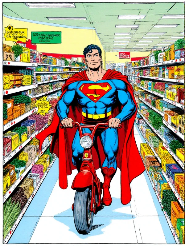 <lora:John_Byrne_Style:0.9> john byrne style, superman is grocery shopping in a wallmart. He is on a scooter