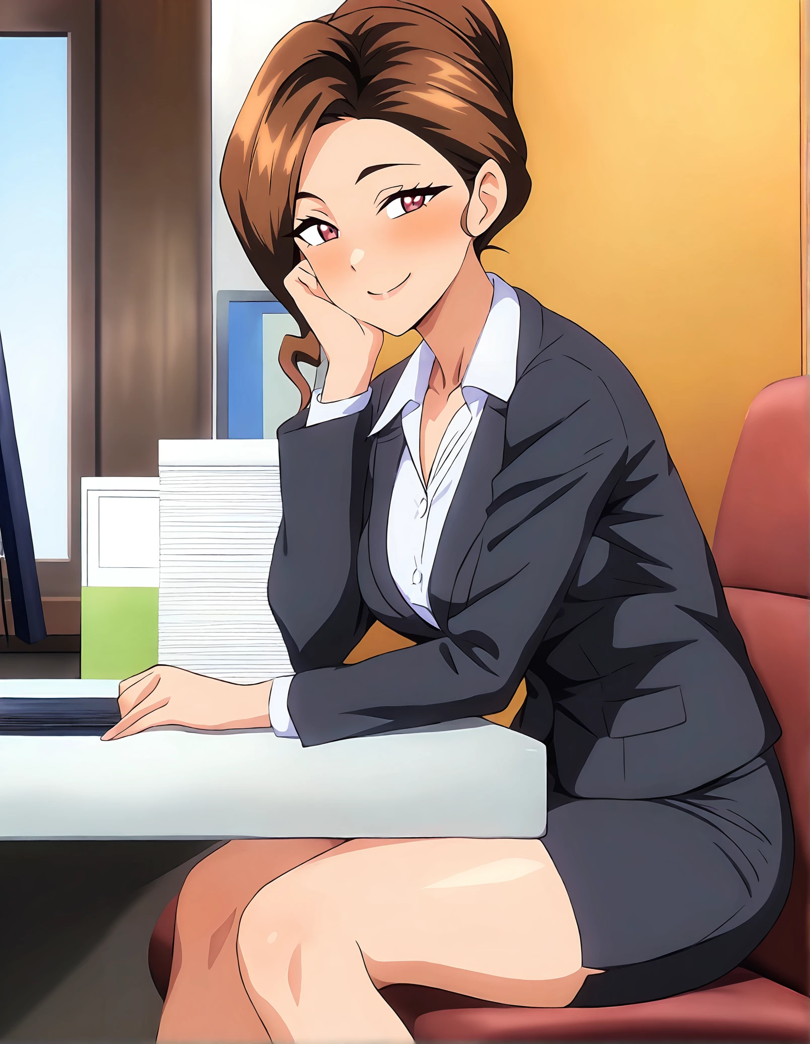 masterpiece, perfect quality, best quality, absolutely eye-catching, absurdres, highres, newest, indoors, <lora:trexstudiostyleillustriousXL:1>, 1girl, brown hair, office lady, smile,