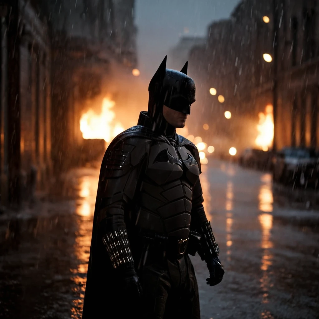 cinematic film still of  <lora:dark cinematic the batman 2022 xl:0.9>
a batman standing in the rain with his head in the rain and fire in background, detailed background, cinematic shadows, cinematic dark color, chiaroscuro style, perfect cinematic image, perfect body, perfect anatomy, sharp image, detailed image, high quality photography, cinematic skin tone color, cinematic skin pore, cinematic photography style, dark cinematic style, solo, no humans, scenery, upside down, warm light, shallow depth of field, vignette, highly detailed, high budget, bokeh, cinemascope, moody, epic, gorgeous, film grain, grainy