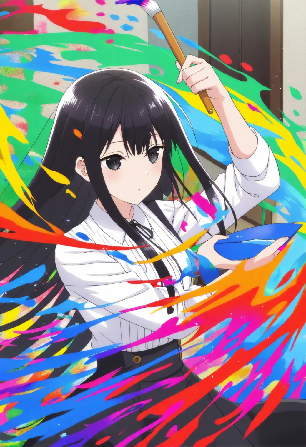 <lora:Yumiella Dolkness - [Villainess Level 99] - illustriousXL v1:1>, long hair, black hair, black eyes, art studio, painting, holding brush, focused, colorful canvas, splashes of paint