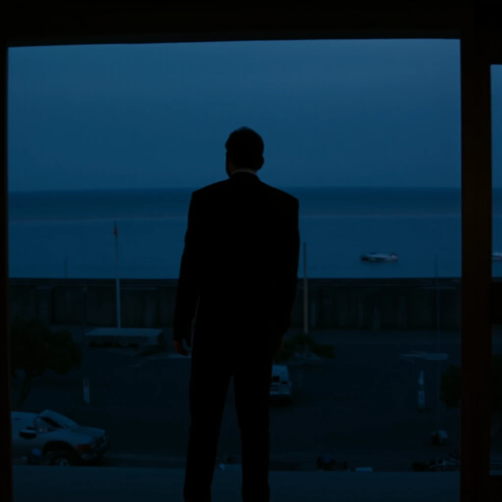 cinematic film still of  <lora:1990's Heat:0.9>
In the 1990's In the 1990's In the 1990's a different unique image of a man in a suit standing in front of a glass window at night with beach view in front, action movie themed, sharp, detailed, epic cinematic photography, artistic, dramatic light, cinematic color style, Kodak 35mm film style, Hollywood action movie film style style, solo, 1boy, standing, jacket, monochrome, male focus, sky, night, formal, suit, blue theme, dark, short hair, outdoors, pants, from behind, black jacket, building, door, facing away, hayakawa aki, shallow depth of field, vignette, highly detailed, high budget, bokeh, cinemascope, moody, epic, gorgeous, film grain, grainy