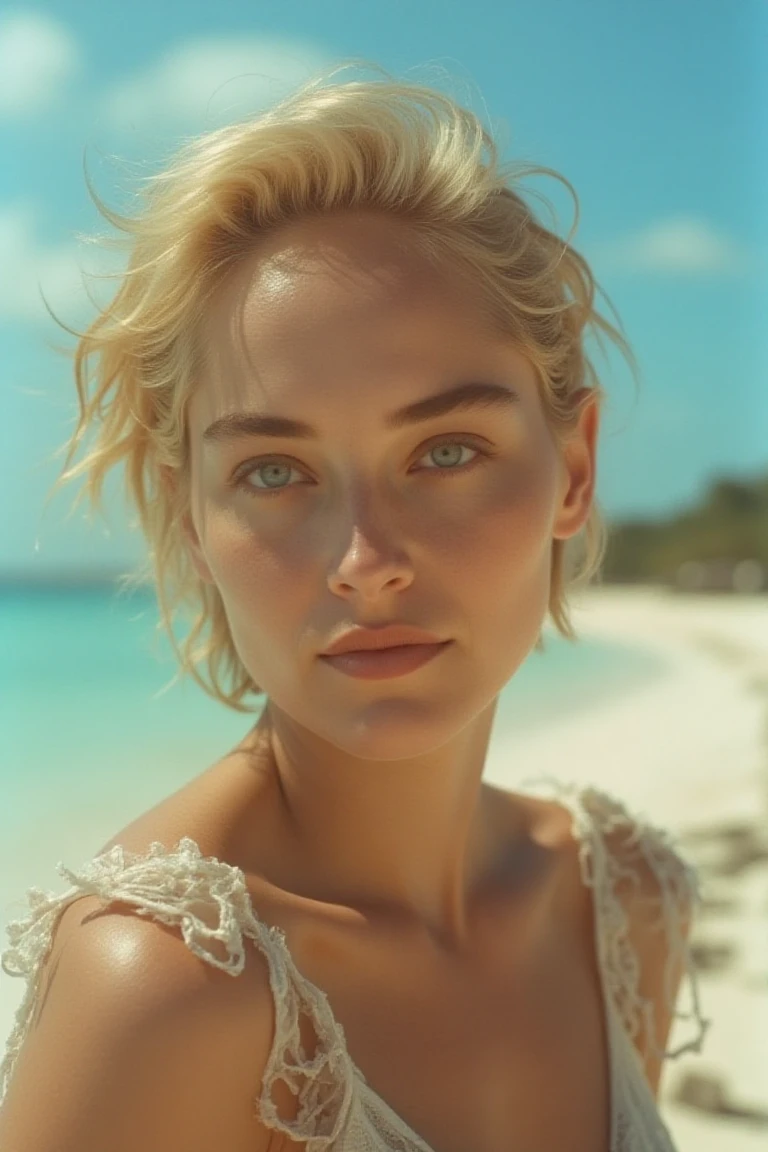 (photo of sharonsflx, a woman), editorial photoshoot, close up, on a beach, shot on high end camera, beautiful arri alexa colours, close up, elegant pose, perfect lighting, beautiful sky behind, beautiful smile, 35mm lens, extremely detailed, in an exotic location like maldives, short blonde hair