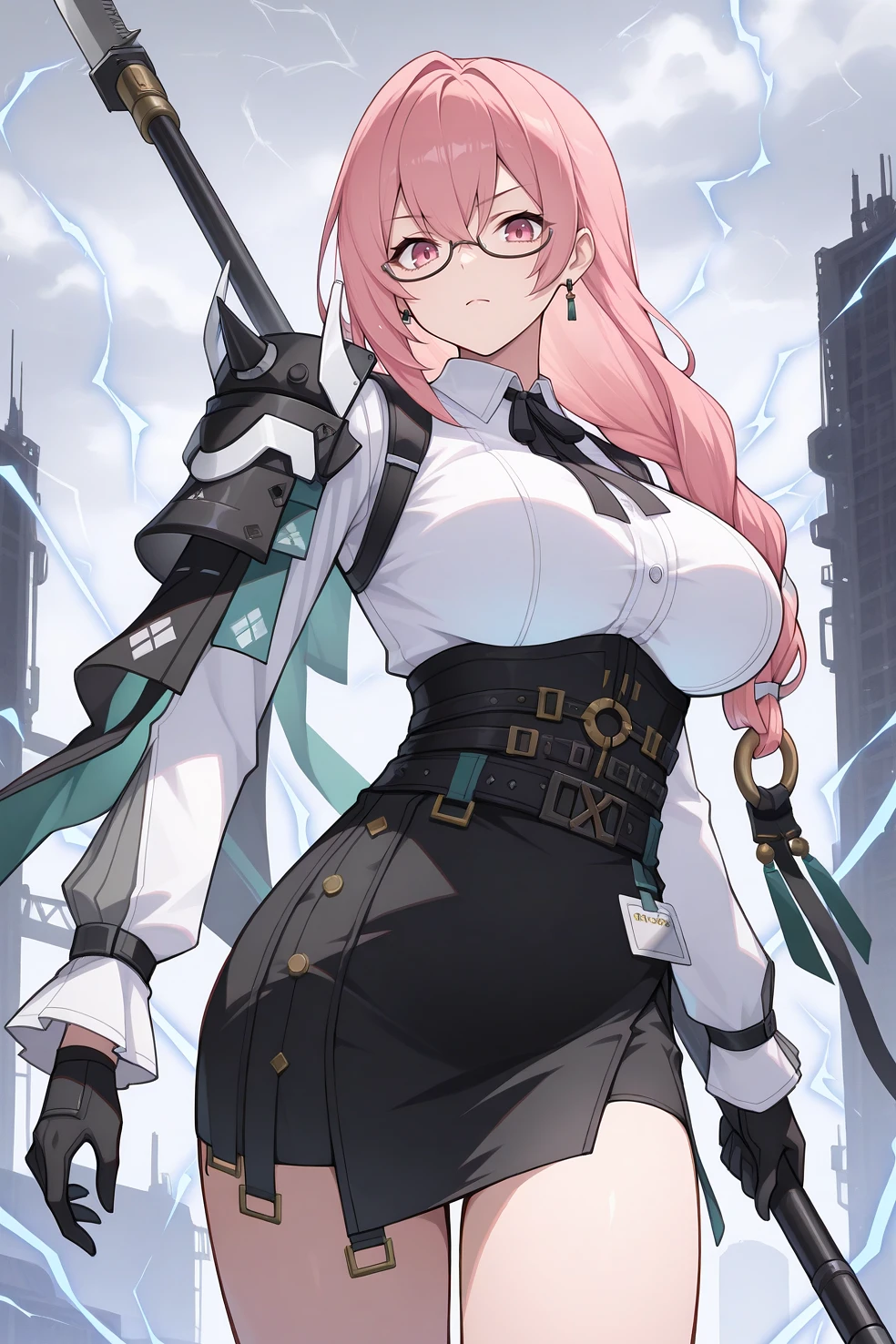 masterpiece, best quality, looking at viewer, serious, 1girl, yngtskchr, large breasts, pink eyes, pink hair, long hair, hair between eyes, sidelocks, braided ponytail, hair ring, ring hair ornament, hair ribbon, green ribbon, earrings, under-rim eyewear, shoulder armor, black neck ribbon, white dress shirt, frilled sleeves, black wrist belt, belt around waist, black belt, underbust, high-waist skirt, black skirt, id card, black gloves, holding polearm, naginata, (electricity:1.6), outdoors, industrial, overcast, cloud, science fiction, <lora:Hoseki_ZenlessZoneZero_YanagiTsukishiro_IllustriousXL_v1:1>