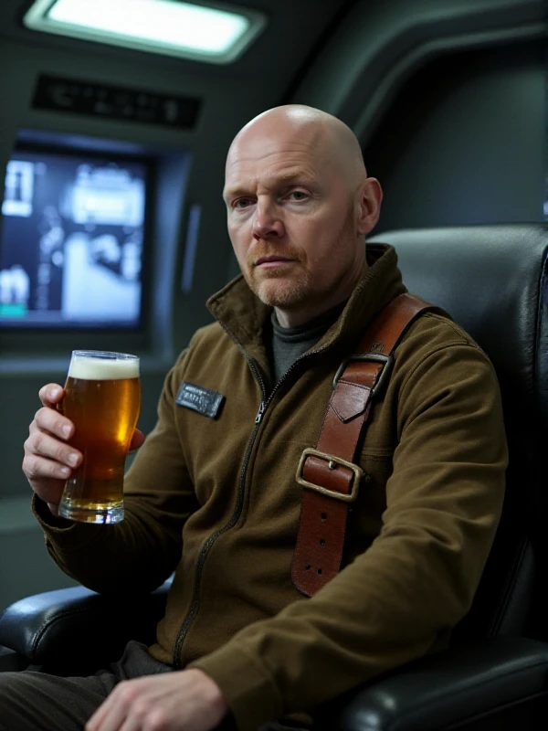 <lora:Migs_Mayfeld:0.9> migs mayfeld, bald man holding a beer in a space ship. He wears a leather holster