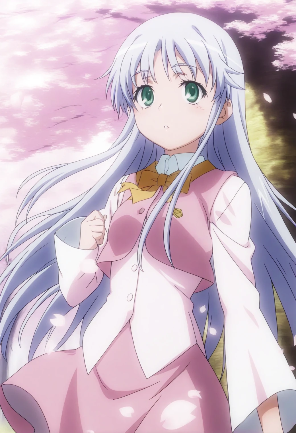 <lora:Index - [A Certain Magical Index] - illustriousXL v1:1>, sysdeep_index, long hair, silver hair, green eyes, cherry blossom park, standing under tree, petals falling, pastel outfit, serene