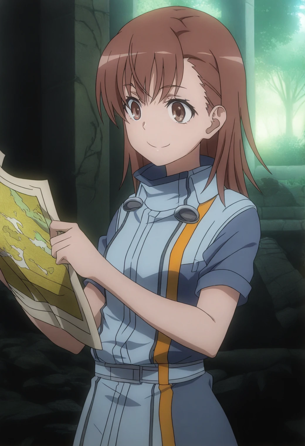 <lora:Mikoto Misaka - [A Certain Scientific Railgun] - illustriousXL v1:1>, sysdeep_mikoto, brown hair, brown eyes, medium hair, ancient ruins, holding map, glowing artifacts, explorer outfit, curious smile