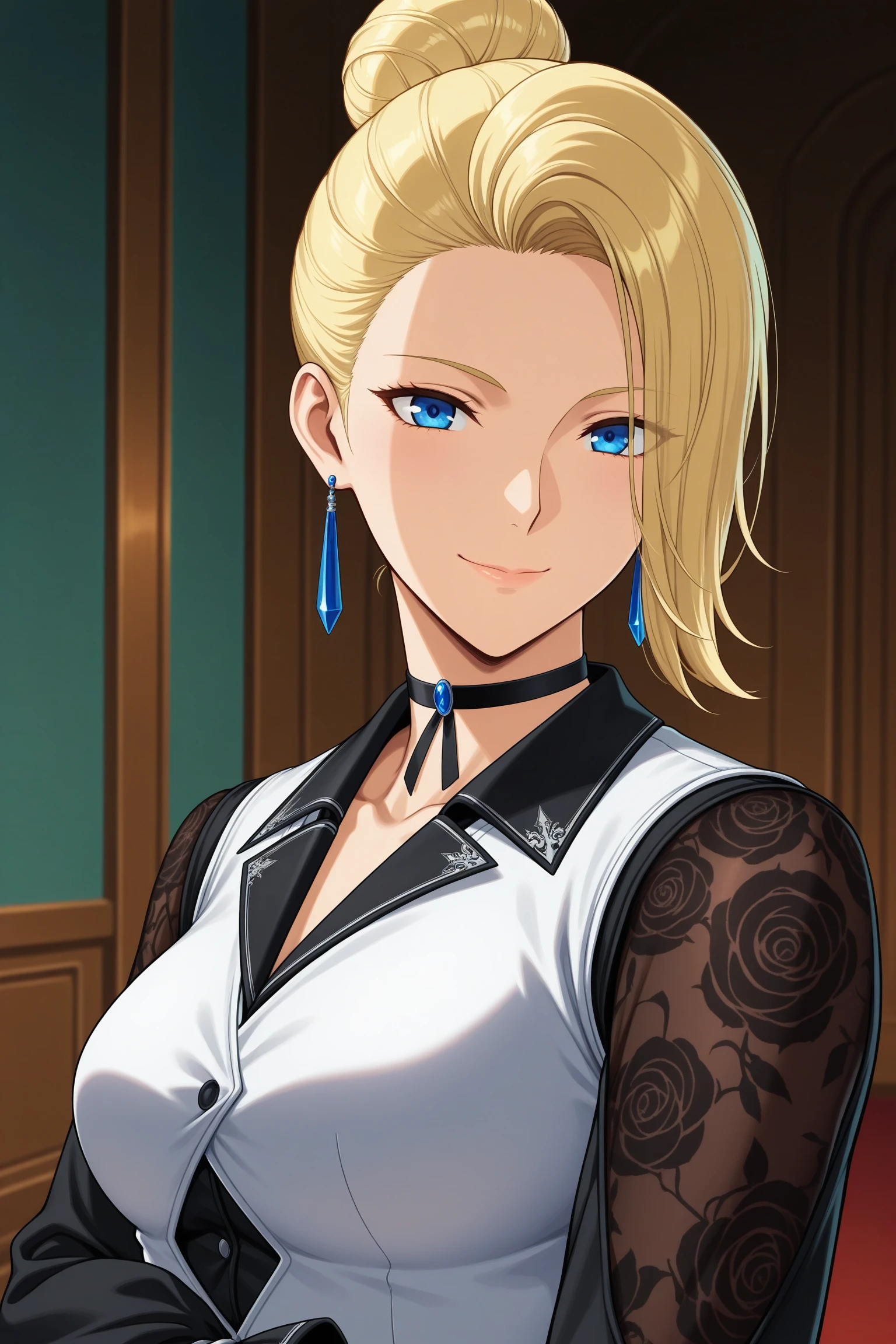 masterpiece, best quality, amazing quality, highres, absurdres, very aesthetic, high resolution, ultra detailed, perfect details, 1girl, looking at viewer, indoors, medium breasts, mature (kof), blonde hair, short hair, hair bun, hair over one eye, blue eyes, blue earrings, black dress, long dress, long sleeves, choker, white vest, clothing cutout, fishnet sleeves, frilled sleeves, front slit, black pantyhose, pantyhose under shorts, black shorts, short shorts, black footwear, high heel boots, <lora:Mature_KOF_XV_ILXL:0.8>, (aged up:1.5), (portrait:2), anime coloring, anime screencap, (pose:1.3), smile