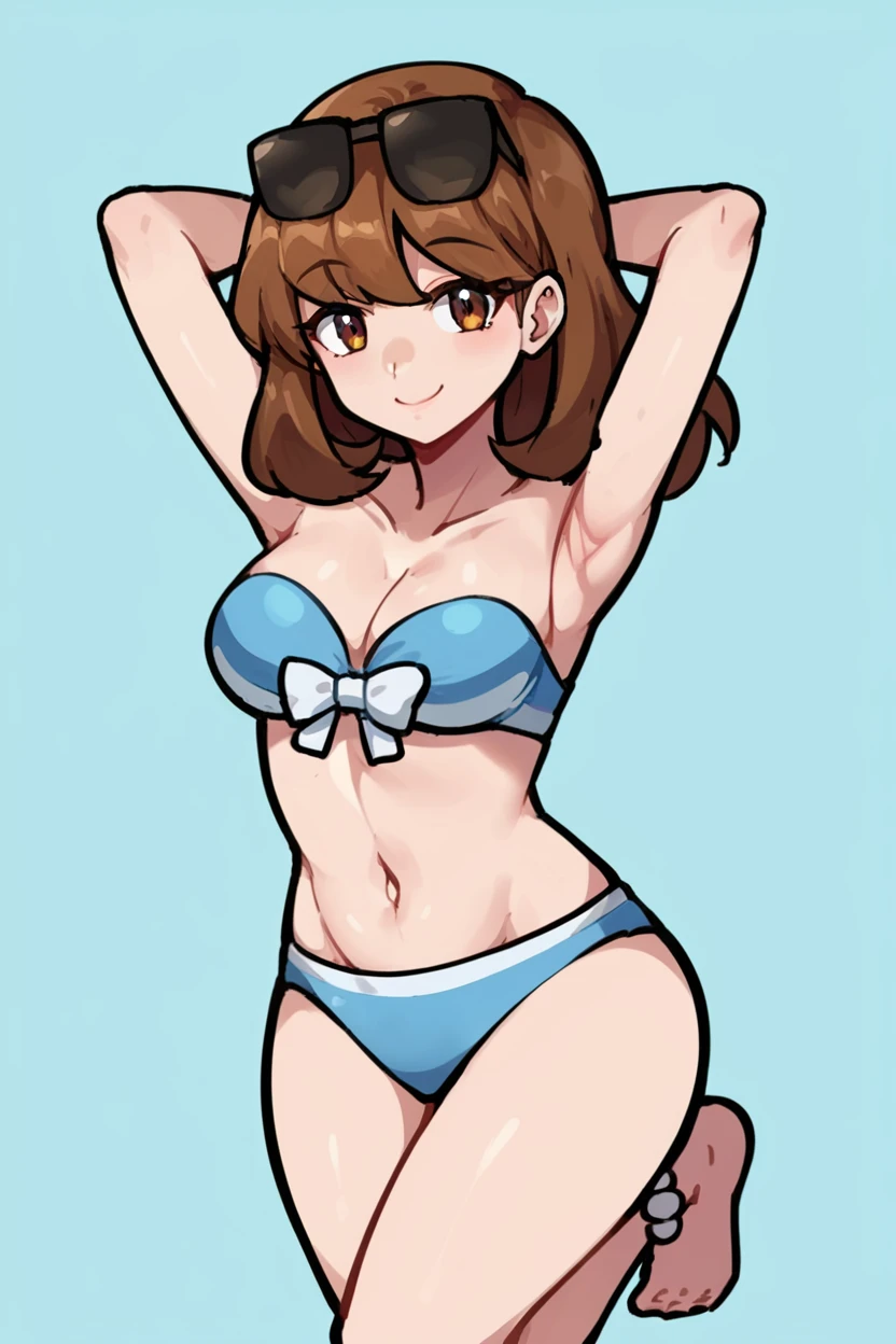 zPDXL3, score_9, score_8_up, source_anime, 1girl, solo, <lora:Pokemon_Swimmer_ORAS:0.9>, orassw1mmer, sunglasses on head, brown hair, blue bikini, strapless, smile, white anklet, hands behind head,