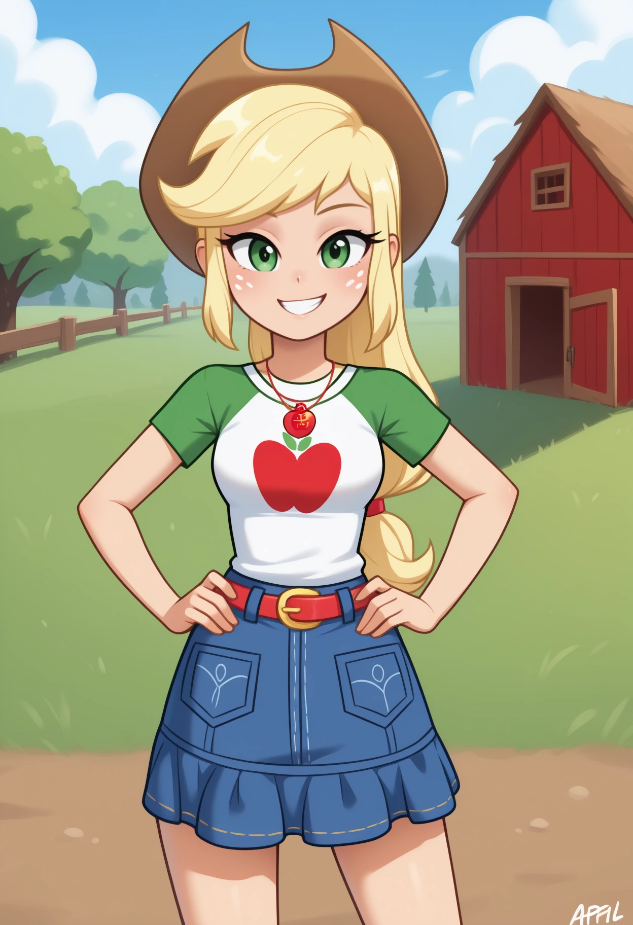 masterpiece, best quality, <break> solo, 1girl, appl3jack, freckles, grin, looking at viewer, standing, hands on own hips, low-tied long hair, blonde hair, ponytail, cowboy hat, green eyes, white shirt, print shirt, food print, apple, short sleeves, raglan sleeves, blue skirt, denim skirt, red belt, necklace, outdoors, blue sky, cloud, barn, fruit tree
<segment:yolo-Anzhc Face seg 640 v2 y8n.pt,0.4,0.5//cid=1>