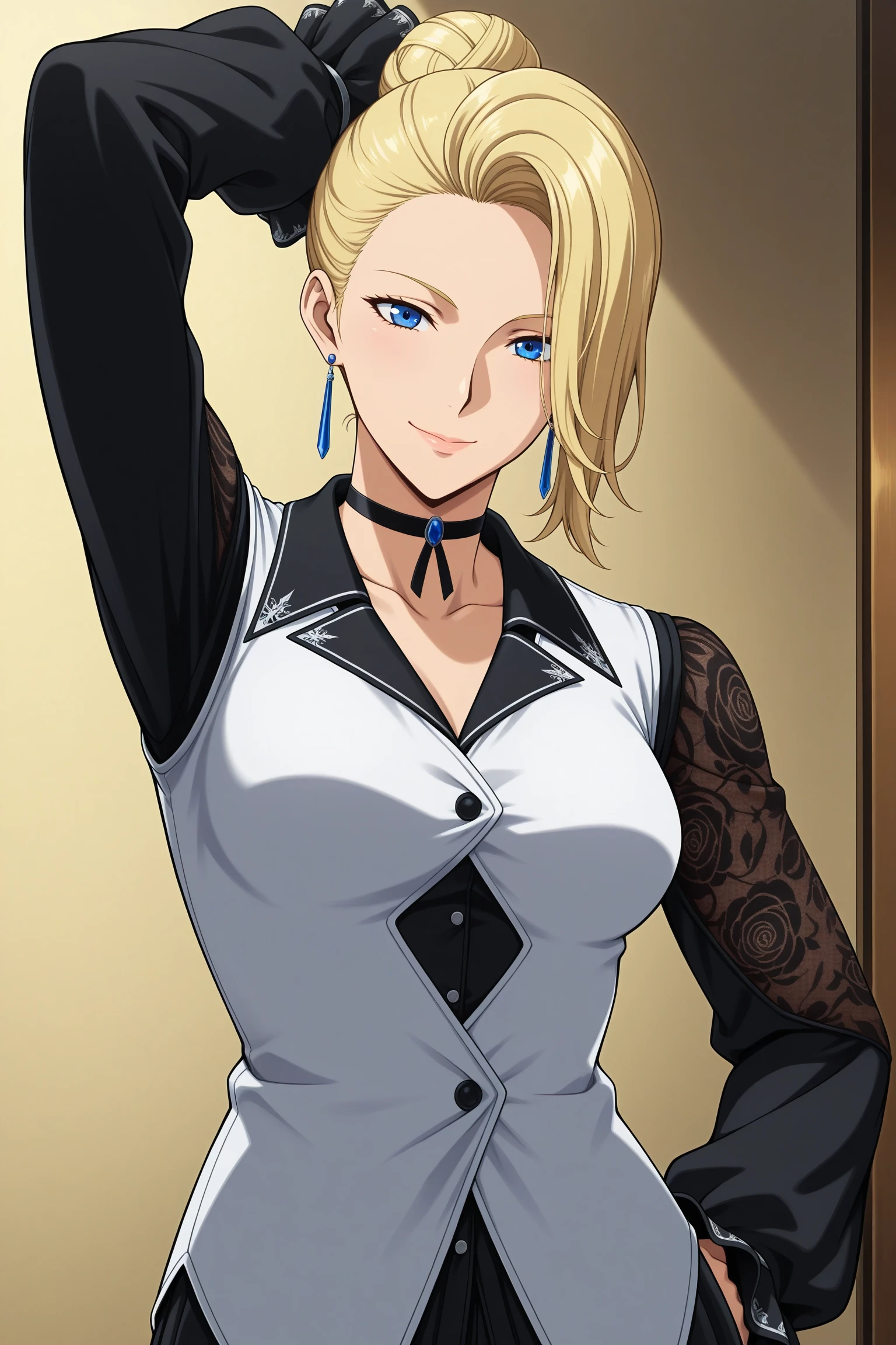 masterpiece, best quality, amazing quality, highres, absurdres, very aesthetic, high resolution, ultra detailed, perfect details, 1girl, looking at viewer, indoors, medium breasts, mature (kof), blonde hair, short hair, hair bun, hair over one eye, blue eyes, blue earrings, black dress, long dress, long sleeves, choker, white vest, clothing cutout, fishnet sleeves, frilled sleeves, front slit, black pantyhose, pantyhose under shorts, black shorts, short shorts, black footwear, high heel boots, <lora:Mature_KOF_XV_ILXL:0.8>, (aged up:1.5), (upper body:1.5), anime coloring, anime screencap, (pose:1.3), smile