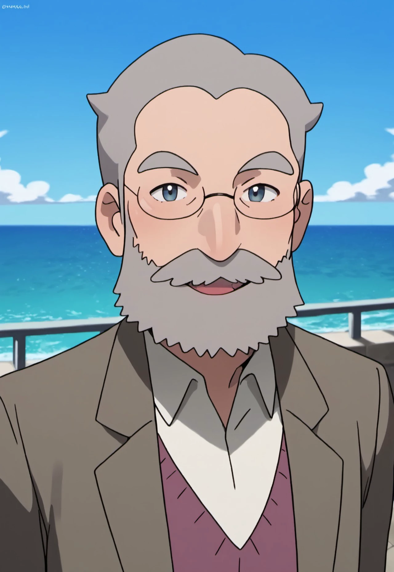 safe_pos, score_9, score_8_up, score_7_up, source_anime, rating_nsfw, ultra hd, absurdres, solo, masterpiece, best quality, best aesthetic, Expressiveh, wolfconf, burankoprn!, 1boy

PokemonAmbretteMayor, grey hair, beard, glasses, mustache, jacket, brown jacket, red collar shirt, portrait, headshot, looking at viewer, smiling, sea background, balcony