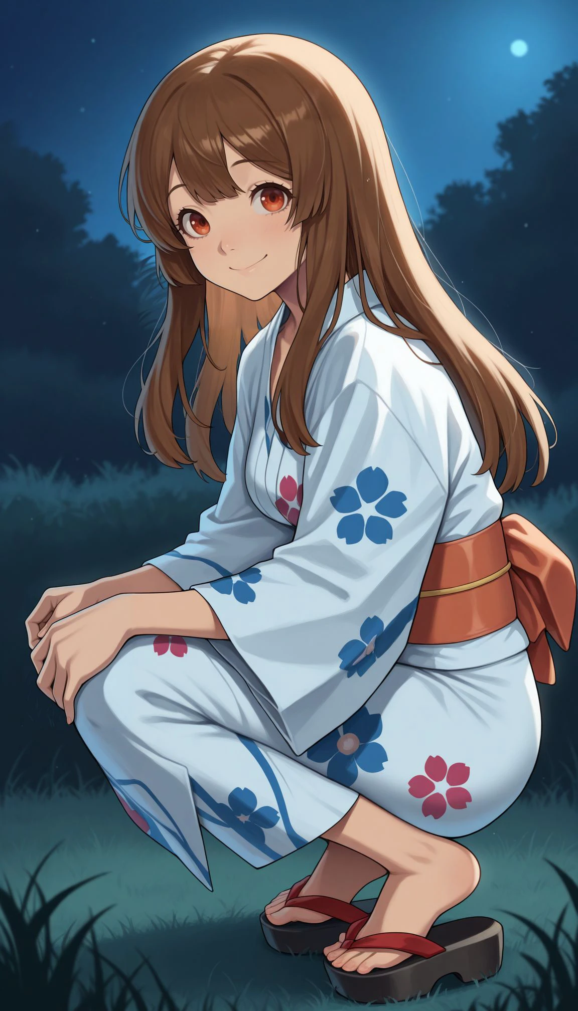 masterpiece, best quality, amazing quality, very aesthetic, absurdres
 solo, night, grass, squatting, yukata, japanese clothes, floral print, from side, smile, looking at viewer, sandals,
ultra-detailed, masterpiece, newest, best quality <lora:Illustrious May:1> may (guilty gear), 1girl, long hair, brown hair,