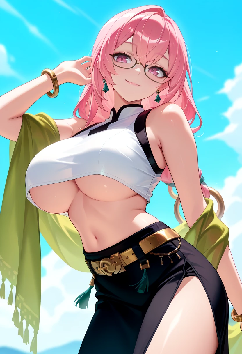 masterpiece, best quality, yngtskchr, large breasts, pink eyes, pink hair, long hair, hair between eyes, sidelocks, braided ponytail, hair ring, ring hair ornament, hair ribbon, green ribbon, earrings, glasses, <lora:Hoseki_ZenlessZoneZero_YanagiTsukishiro_IllustriousXL_v1:1>
 , bare shoulders, bracelet, crop top, earrings, white crop top,  black long skirt, side slit, midriff, navel, shawl, side slit, sleeveless croptop, crop top overhang,  gold belt, <lora:fftdnc-initium-ilxl:1>, smile, underboob, cowboy shot