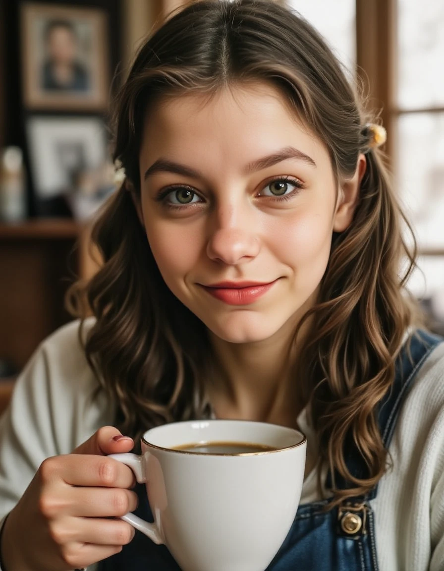 full body picture of a young woman wearing casual clothes, having coffee in a vintage cafe, professional, atmospheric haze, excellent dynamic range, masterpiece, excellent quality, ultra detailed, subtle lighting, soft focus, detailed shadows