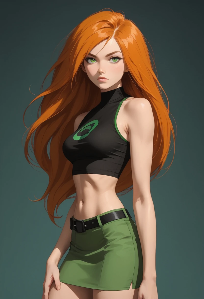 1girl, solo, Kim Possible, orange hair, green eyes, long hair, skirt, midriff, crop top, sleeveless