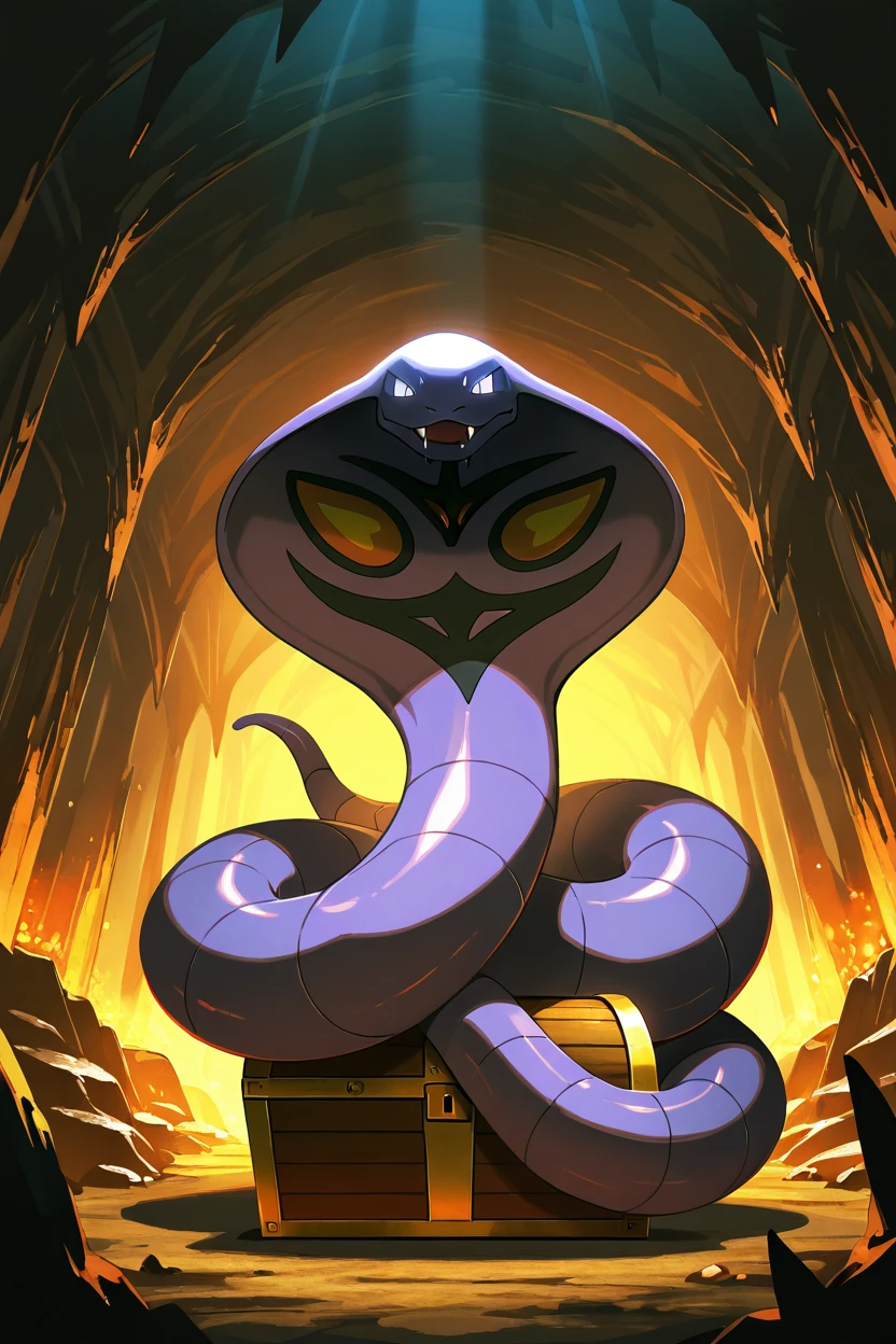 masterpiece, best quality,   Arbok, no humans, pokemon (creature), snake,  <lora:ArbokPokedexIXL:1.0>,   guarding a treasure chest, coiled defensively, glowing eyes, cave background, mysterious and eerie atmosphere, detailed and vibrant, cinematic lighting