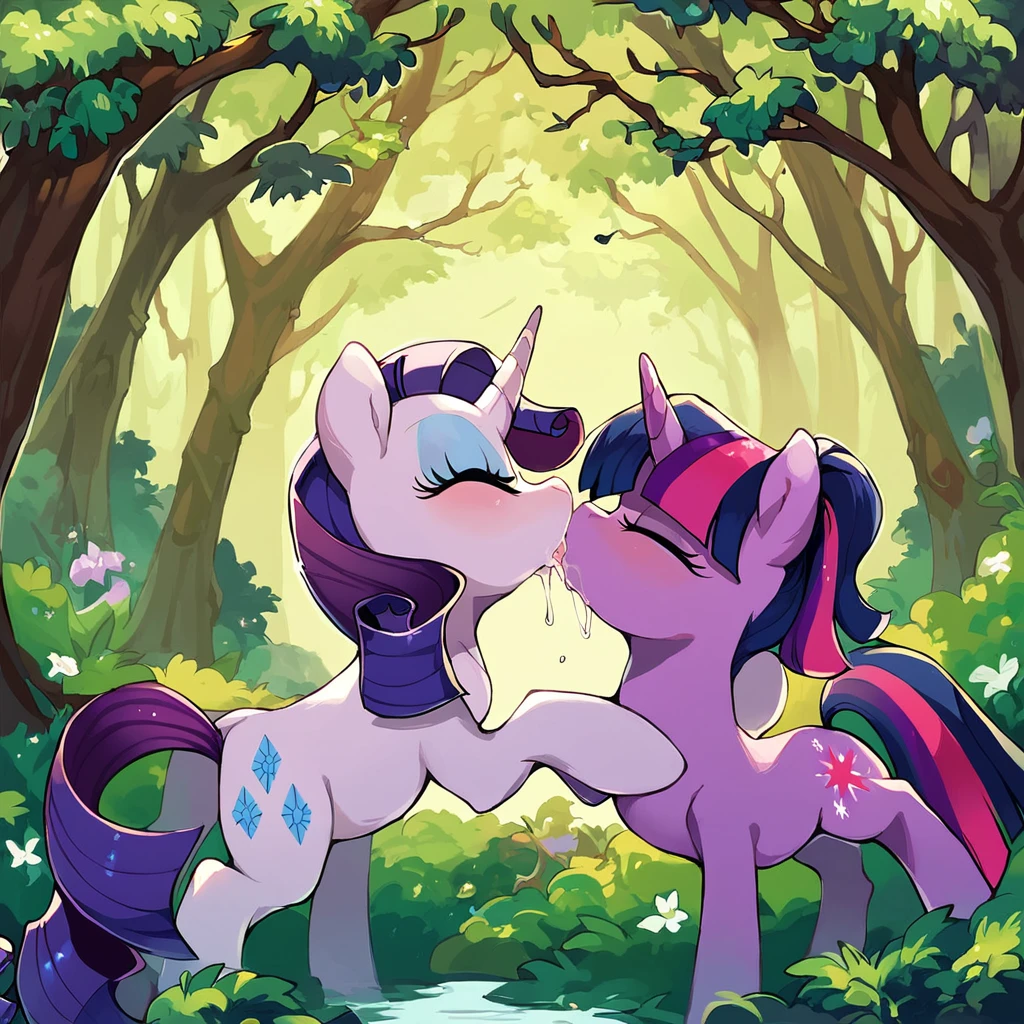 score_9_up, score_8_up, score_7_up, duo, Rarity, Twilight Sparkle, 2girls, kissing, sloppy kiss, kiss, saliva, detailed background, forest background, masterpiece 