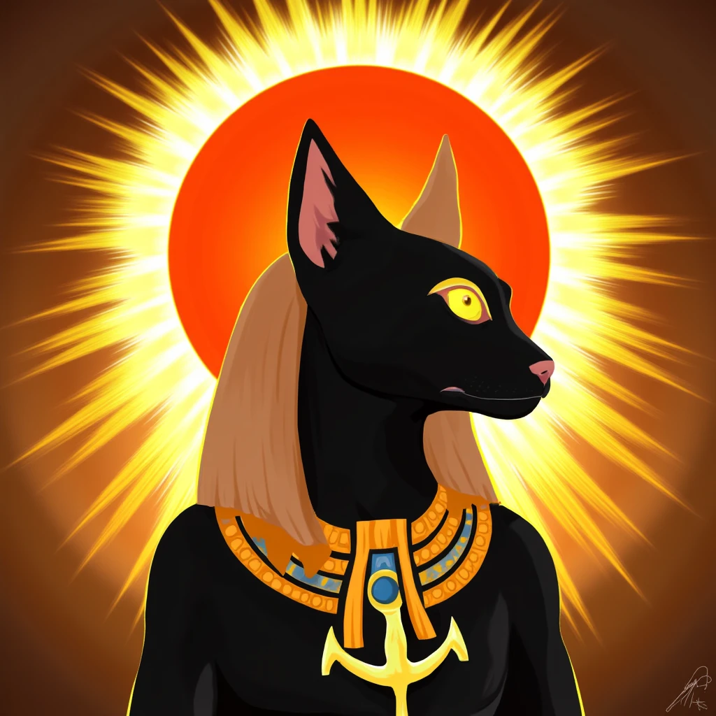 cinematic film still of  <lora:Egyptian mythology style v2:0.8>
In anime cartoon style Bastet a black cat with a redsun and a sunburst, perfect image, perfect body, perfect anatomy, sharp image, detailed image, Kodak film, high quality photography, Egyptian mythology style, solo, full body, earrings, from side, no humans, animal, parody, cat, animal focus, black cat, egyptian, egyptian clothes, fine art parody, yellow eyes, sun, sunburst, weapon, animalization, flat color, ankh
, shallow depth of field, vignette, highly detailed, high budget, bokeh, cinemascope, moody, epic, gorgeous, film grain, grainy