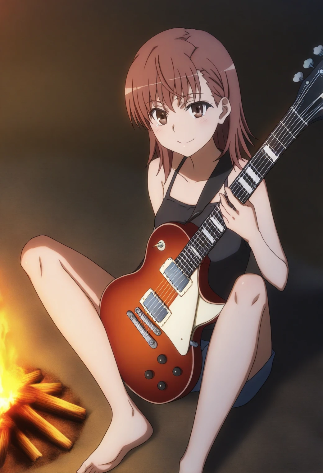 <lora:Mikoto Misaka - [A Certain Scientific Railgun] - illustriousXL v1:1>, sysdeep_mikoto, brown hair, brown eyes, medium hair, beach bonfire, sitting in circle, holding guitar, warm light, happy faces