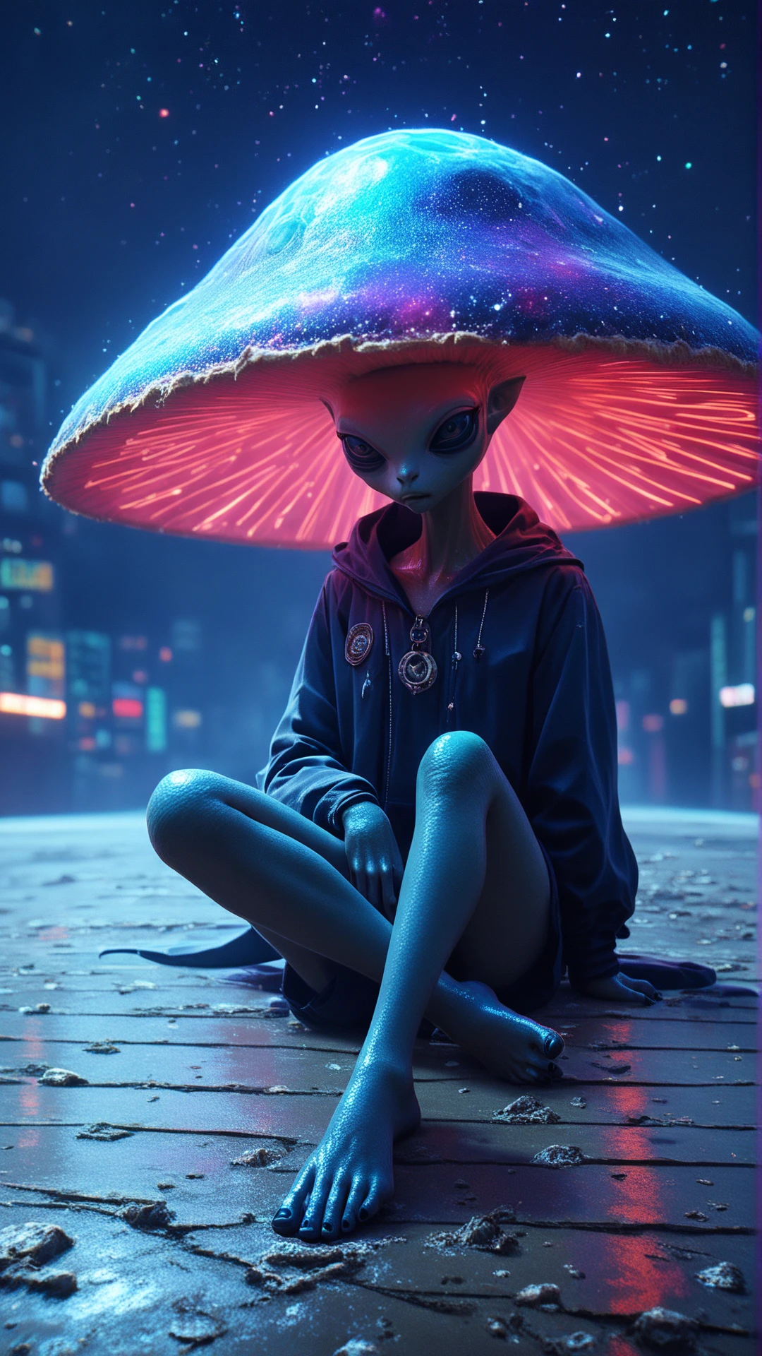 score_9, score_8_up, score_7_up, score_6_up <lora:MushroomHatPDXL:1>cosmic mushroomhat, alien, in location neon city, full body view, Sitting with one leg bent and foot on the opposite knee, source_anime