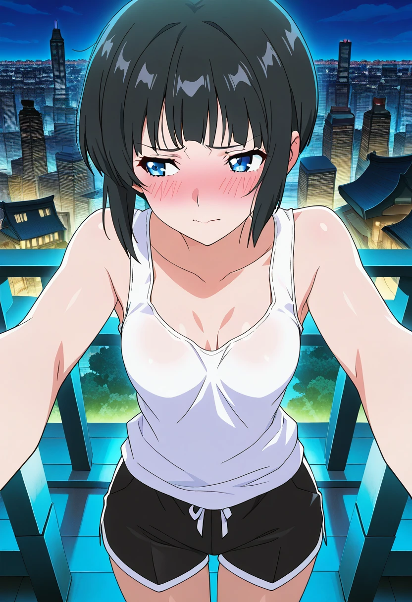 masterpiece, best quality, absurdres, detailed skin, anime colored, anime screencap,
<lora:aki:1> , SaitoE, black hair, looking at viewer, blush, embarrassed, averting eyes, 
white tank top, black shorts,
cityscape,