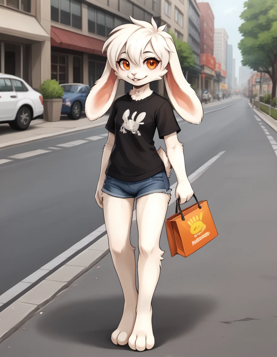 outdoors,city, sidewalk, lamppost, 
full body,smile,long eyelashes,parted lips, 
denim shorts, t-shirt, 
<lora:Mimiga_v01_PDXL:1>,Mimiga,1girl,solo,furry female,rabbit girl,rabbit tail,rabbit ears,white fur,body fur,white hair,short hair,orange eyes,animal nose,