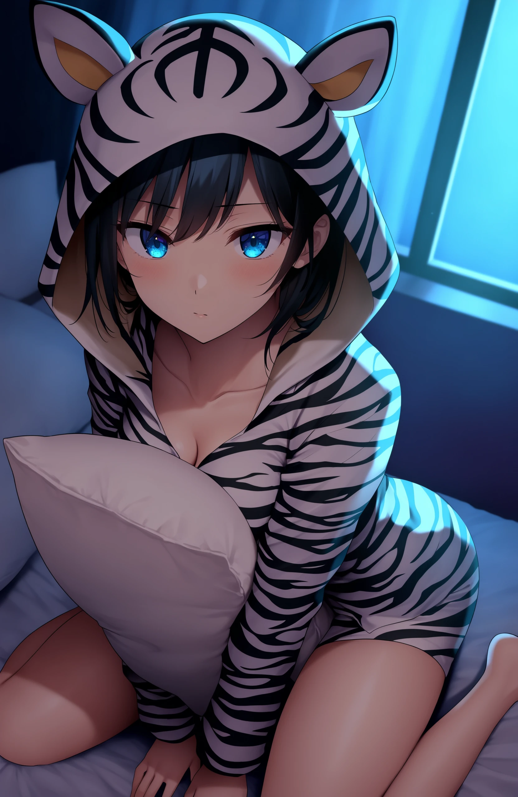 masterpiece, best quality, 1girl, zebra pajamas, bedroom, hood, pillow hug, looking at viewer, wariza, from above, on bed, collarbone, animal hood, legs apart, hand between legs, from side, blue eyes, black hair, (blush:0.25)