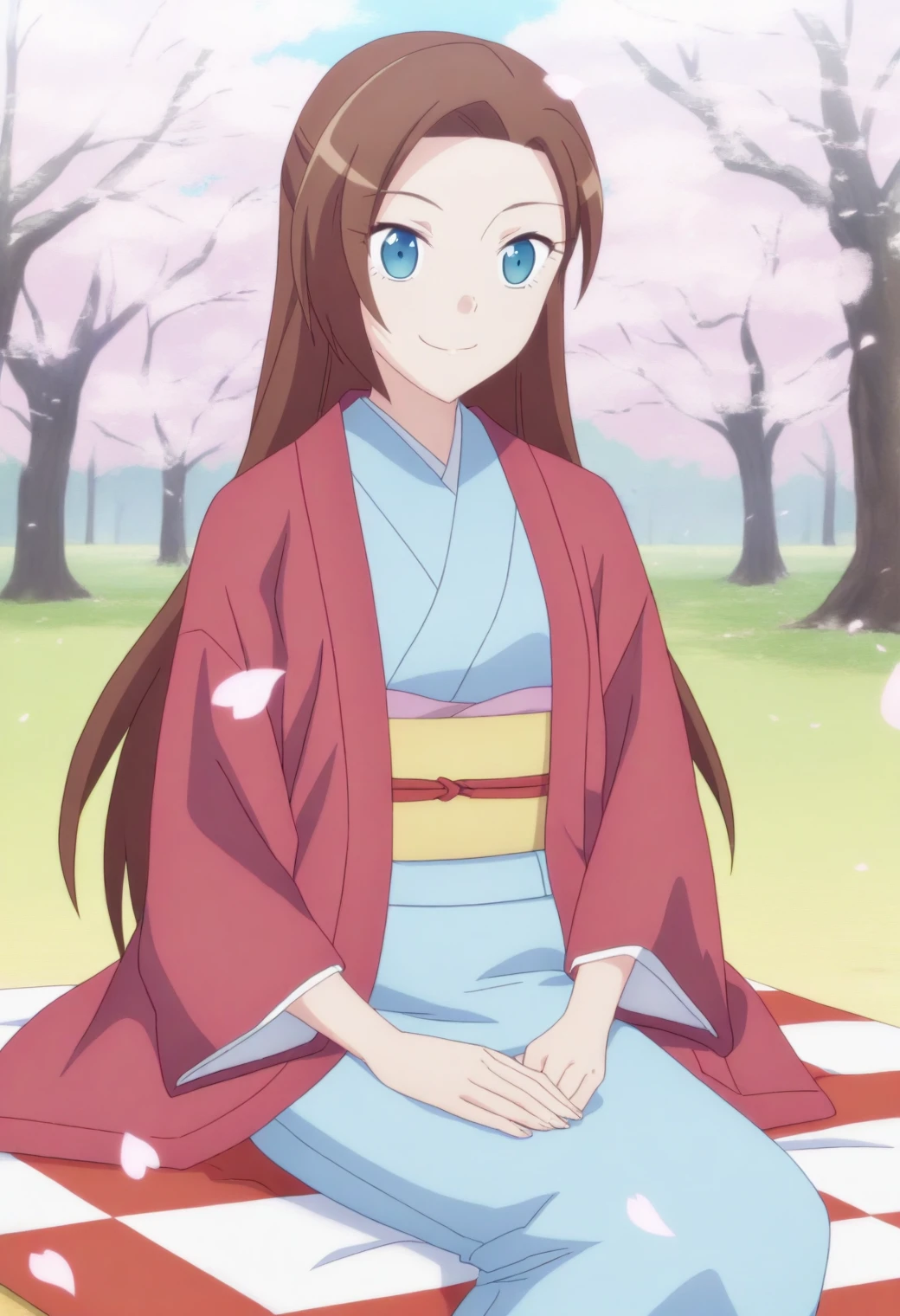 <lora:Catarina Claes - [My Next Life as a Villainess] - illustriousXL v1:1>, sysdeep_catarina, long hair, light blue eyes, brown hair, cherry blossom viewing, picnic setup, traditional kimono, smiling softly, petals floating