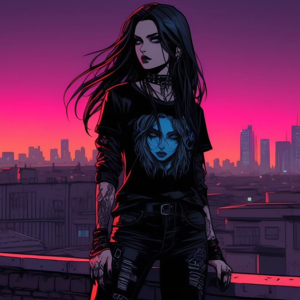 Gothic style  <lora:Gothicanimegirls:1>A tattooed dark fantasy woman standing triumphantly on a rooftop, her long hair whipping in the wind. She wears a tattered band tee and combat boots, with a cityscape illuminated by neon signs stretching out behind her. The shot is taken from a side angle at sunset, with her shadow stretching dramatically across the rooftop. Ultra detailed textures and colores, highly vibrant image. . Dark, mysterious, haunting, dramatic, ornate, detailed