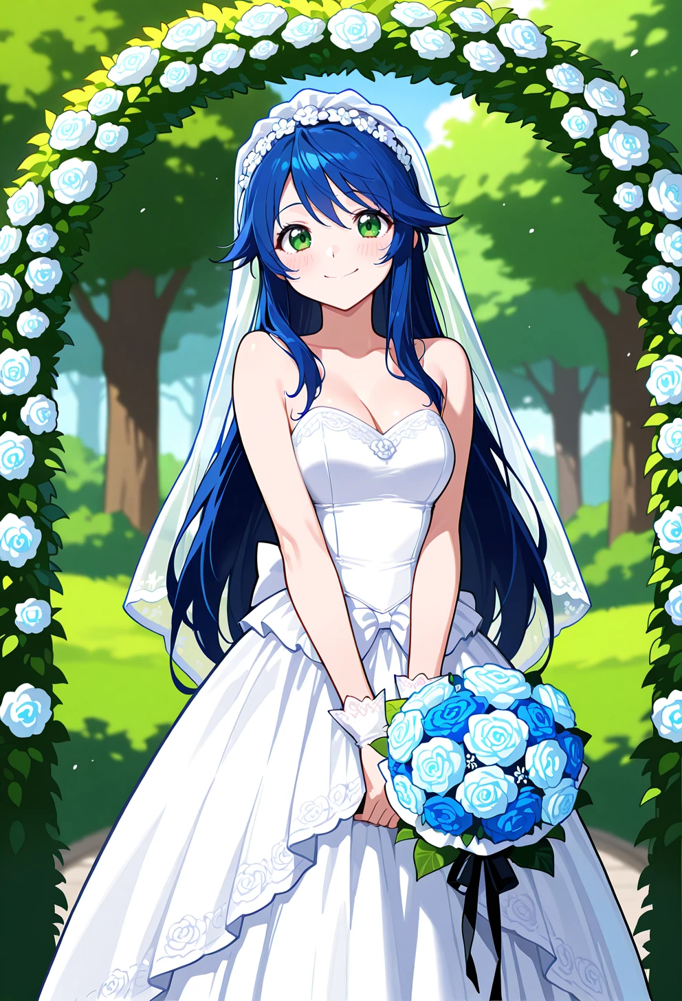 masterpiece, best quality, high quality, anime, <lora:AELimeIlx:1>
AELime, green eyes, blue hair, long sidelocks, long hair,
 green tree, outdoors, smile, floral arch, v arms, wedding dress, bridal veil, light blush, bouquet,