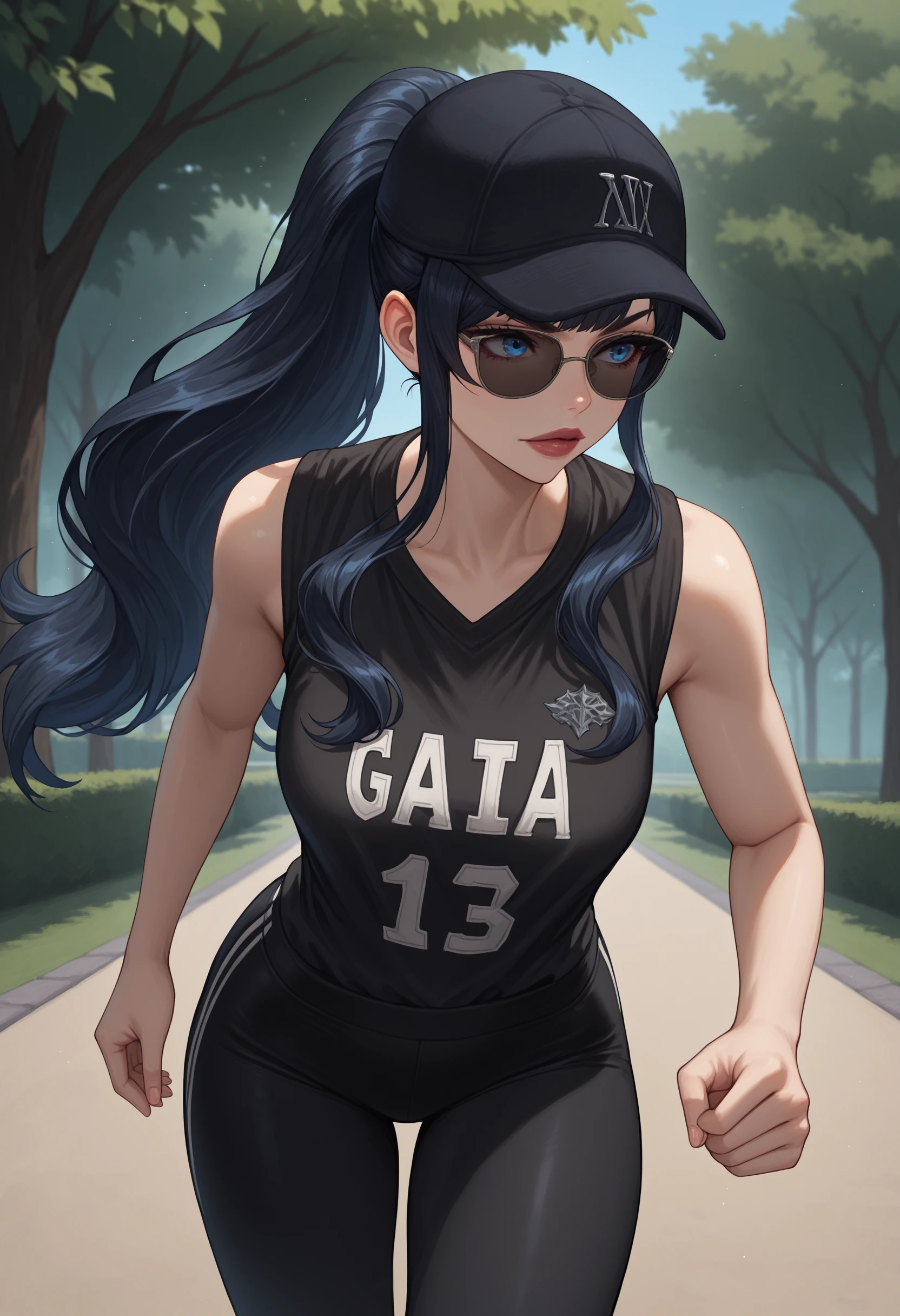 masterpiece, best quality,  1girl, standing, park, path, running, jersey, yoga pants, sunglasses, baseball cap, ponytail,
 gaia_xiv, blue eyes, lips, black hair,  <lora:GaiaIL:1>