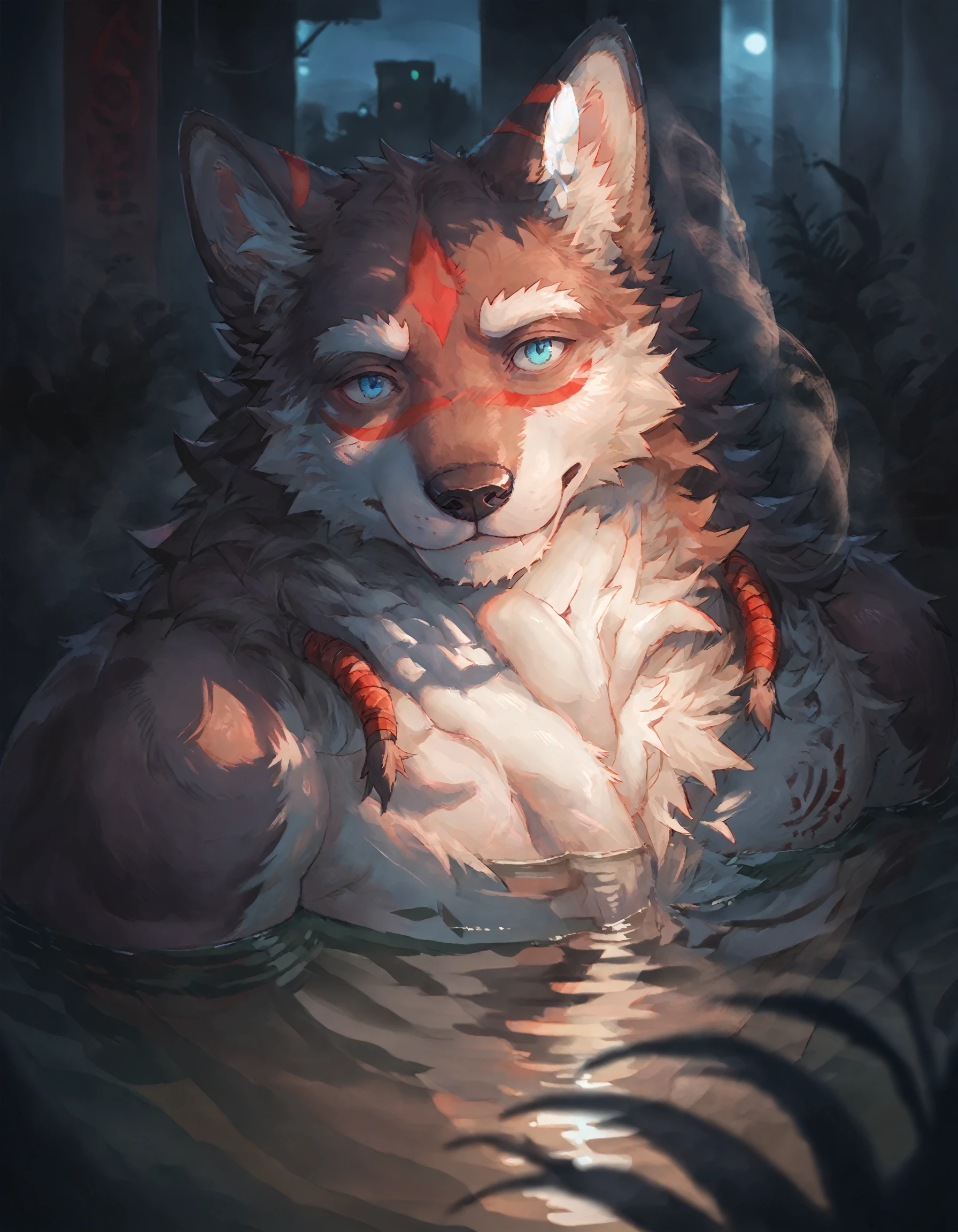 score_9, score_8_up, score_7_up, rating_safe, source_furry, detailed, detailed background, 2D, solo, soft light, 43stl1ght1ng, BREAK   Eyv1ndXL, bara, anthro, body fur, male, blue eyes, red markings, face markings, fur, tail, furry,   low light, darkness, dramatic lighting, darkness, eye lighting, smoke, water, neon, spotlight, reflection,   embedding:zPDXL3,   <lora:Eyvind_-_Tavern_of_Spear_-_PonyXL.safetensors:1.0>, <lora:43stl1ght1ngXLP2.safetensors:1.0>,