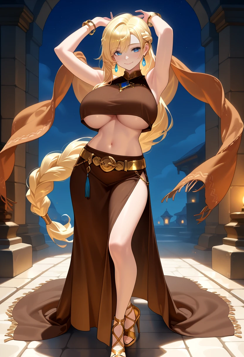 masterpiece, best quality, 1girl, solo, blonde hair, low-tied long hair, braided ponytail, very long hair,  french braid, huge breasts, blue eyes, bare shoulders, bracelet, crop top, earrings, brown crop top,  brown long skirt, side slit, midriff, navel, shawl, side slit, sleeveless croptop, crop top overhang,  gold belt, <lora:fftdnc-initium-ilxl:1>, warm smile, underboob, high heel sandals, gold footwear, arms up, floating shawl,