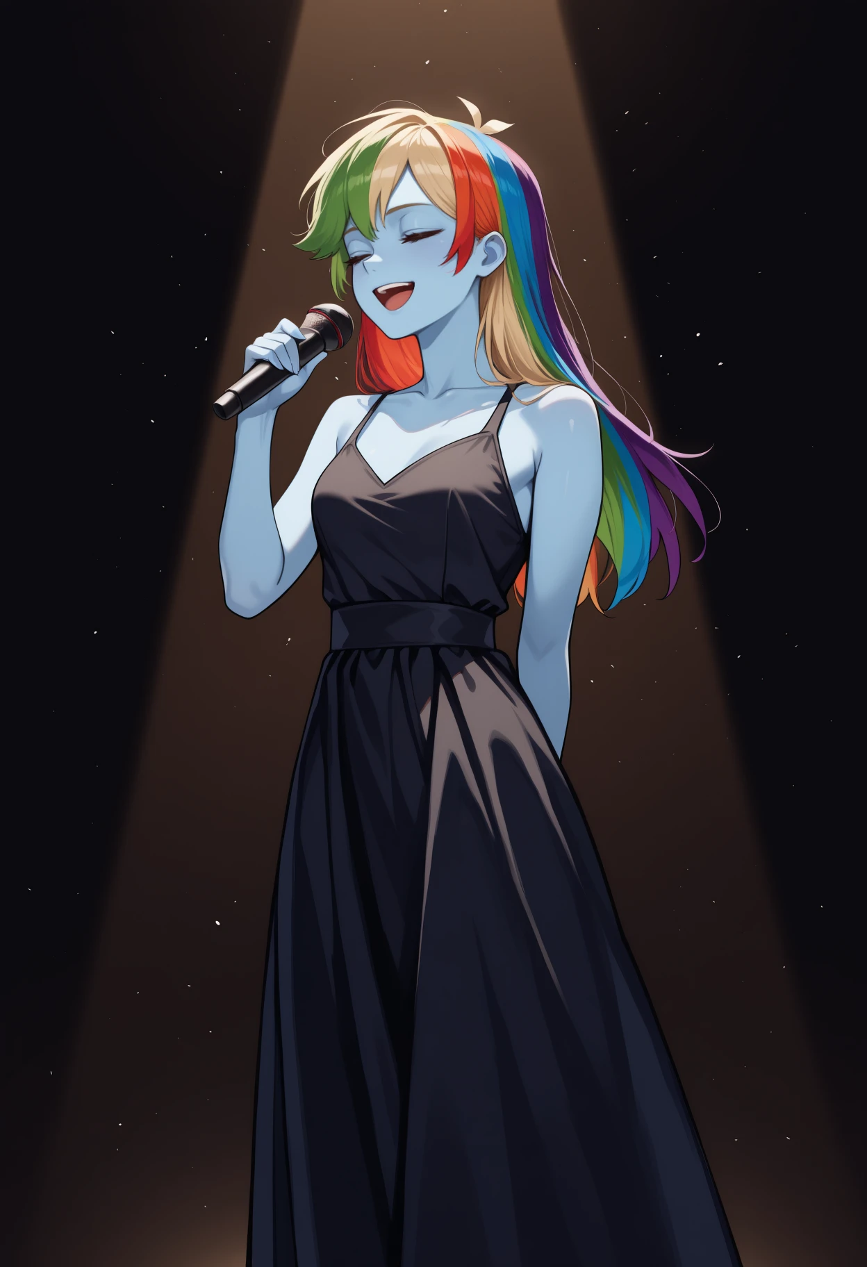 masterpiece, best quality, <break> solo, 1girl, rbwdsh, blue skin, :d, upper teeth only, looking away, standing, singing, holding microphone, arm behind back, long hair, rainbow hair, green hair, blonde hair, red hair, blue hair, closed eyes, long dress, black dress, sleeveless dress, bare shoulders, collarbone, dark background, spotlight, light particles
<segment:yolo-Anzhc Face seg 640 v2 y8n.pt,0.4,0.5//cid=1>