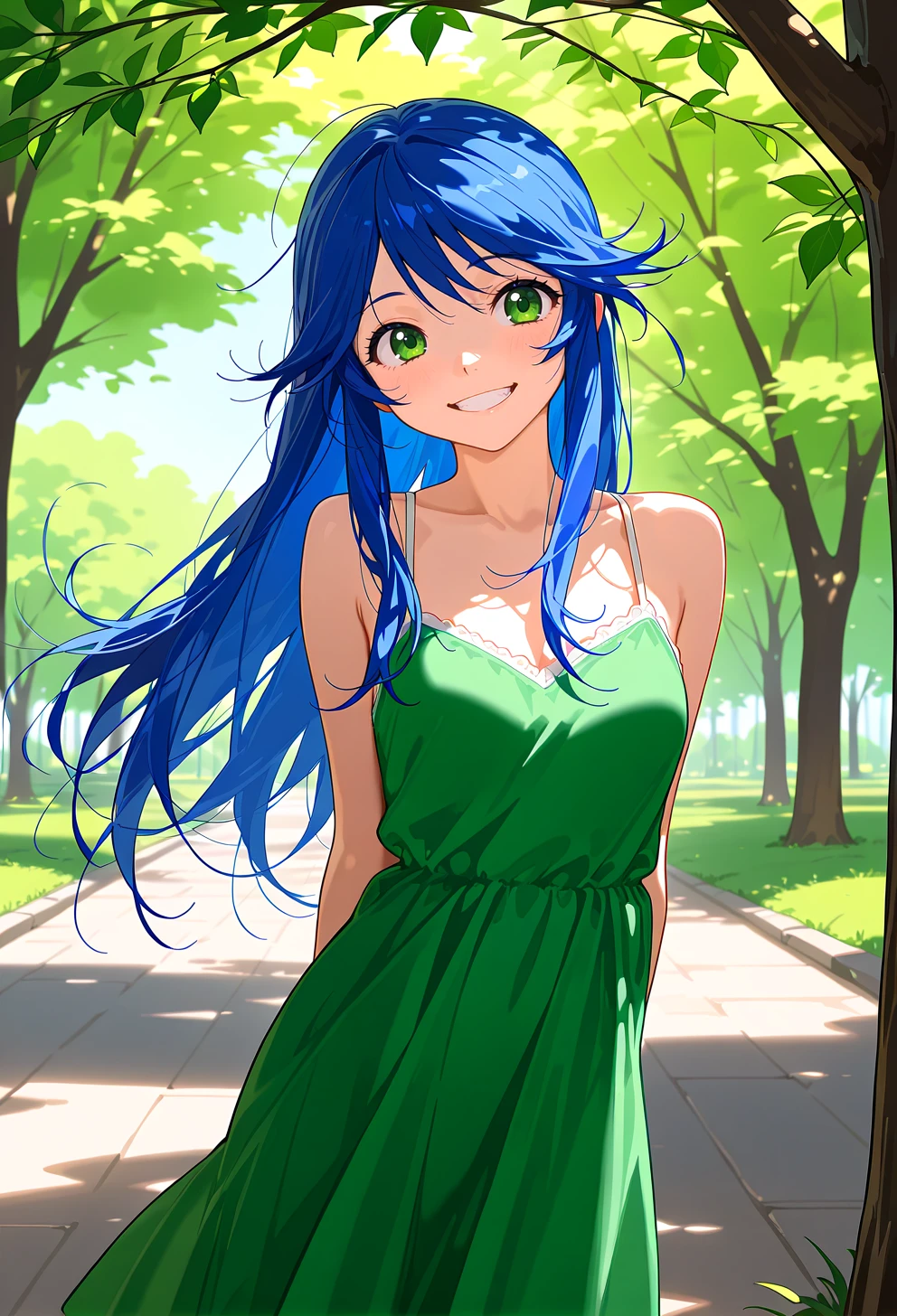 masterpiece, best quality, high quality, anime, <lora:AELimeIlx:1>
AELime, green eyes, blue hair, long sidelocks,  long hair,   green tree, outdoors, grin, arms behind back, leaning to the side, sleeveless dress, spaghetti strap,green dress,