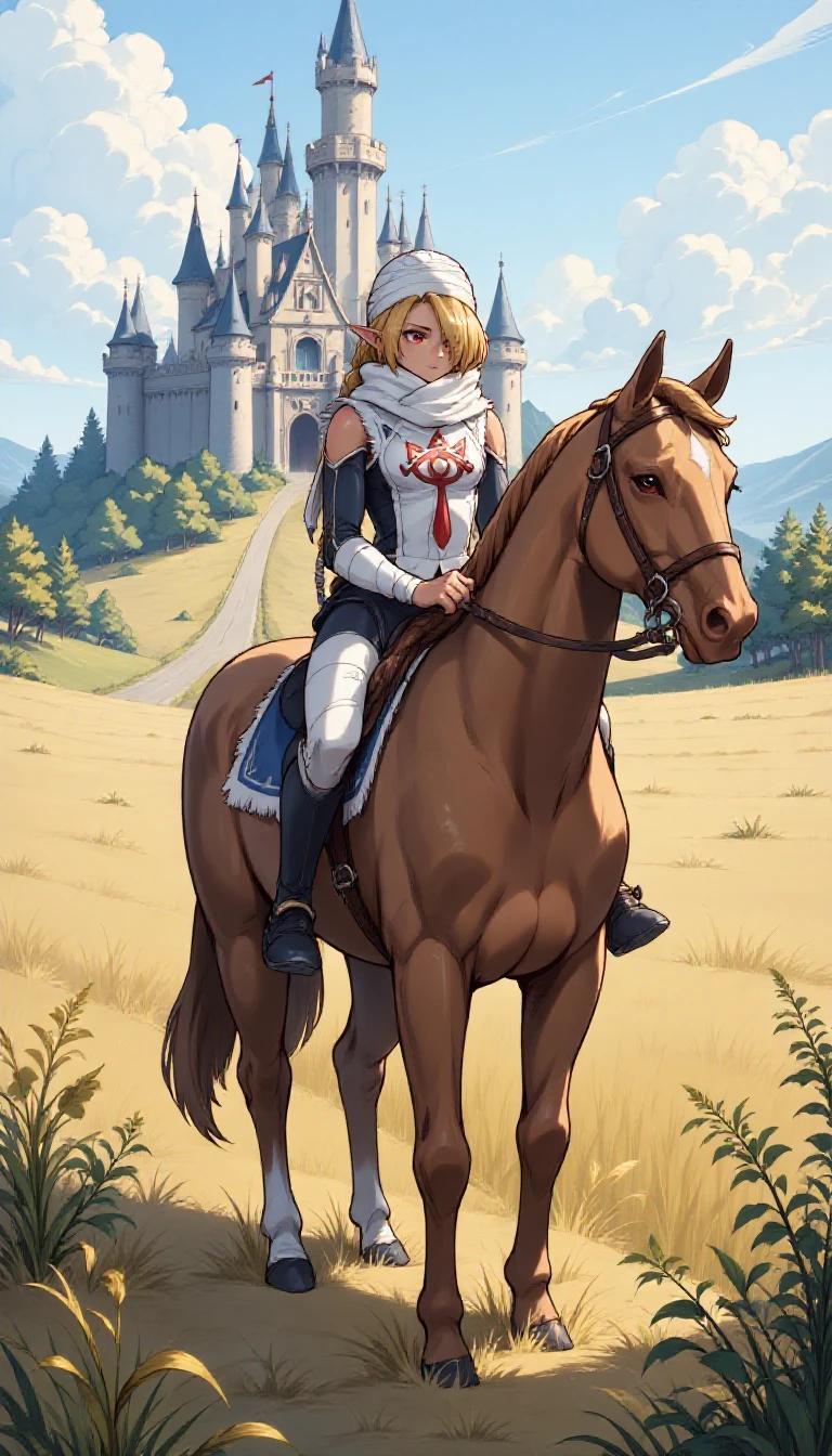 sheik1x is in her ocarinaoutfit. She is riding a beautiful chestnut colored horse with a white tail. There in a giant field with a large castle in the background with a large road behind them leading to the castle <lora:Sheik_Flux:1>