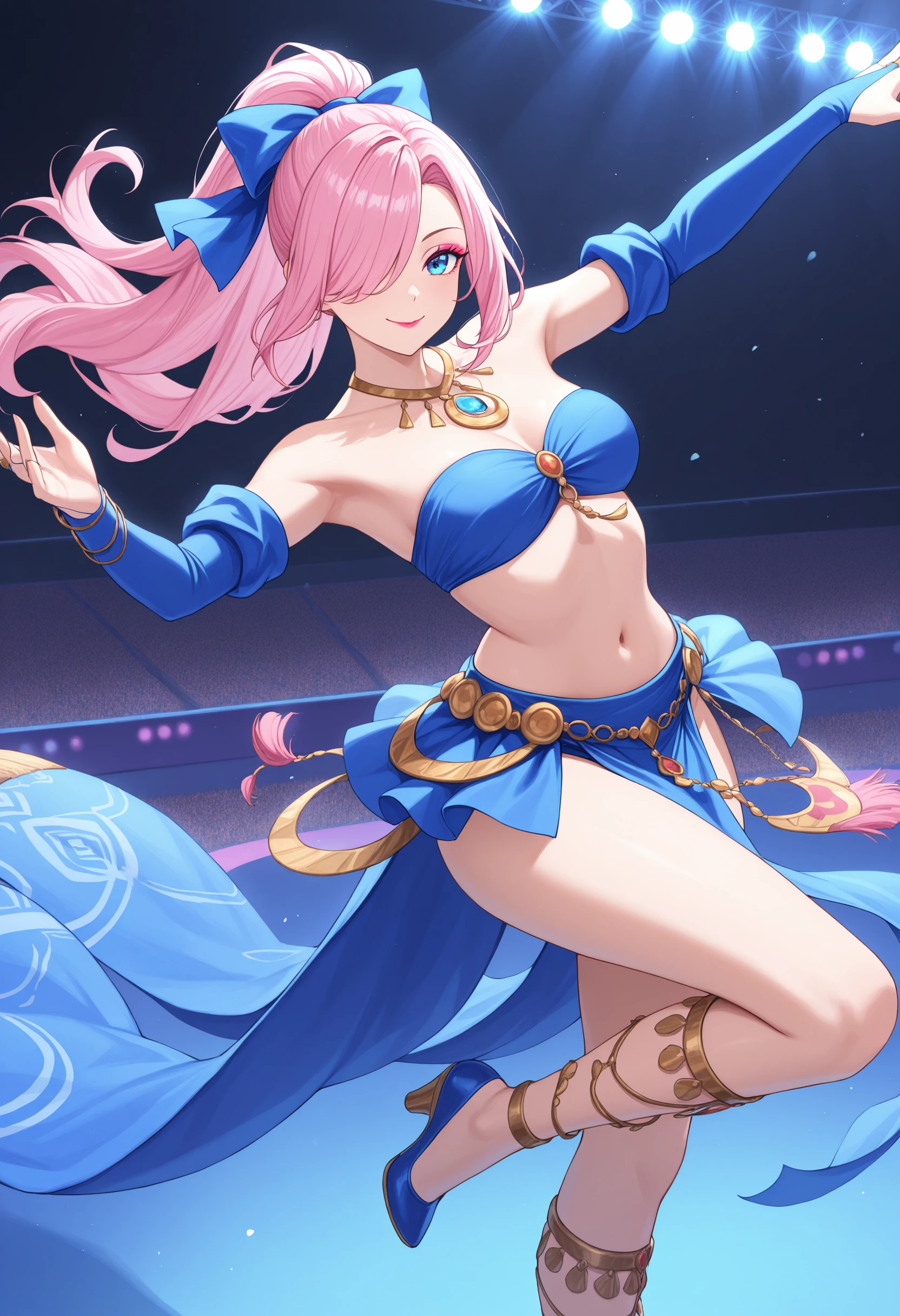 masterpiece, best quality,1girl, solo, portrait, upper body, full body, on stage, concert, stage lights, stadium, dancing, arms out, arms spread, smile, pink hair, blue eyes, floating hair, floating clothes,  sidelocks, hair over one eye,  long hair, ponytail, lipstick, pastel eyeshadow,dncaf, bandeau, bridal gauntlets, pelvic curtain, Blue bow, hair bow, jewelry,  leg jewelry, bare shoulders, navel, midriff,  (Blue clothing:1.5), <lora:Dancers_AttireIL:1>