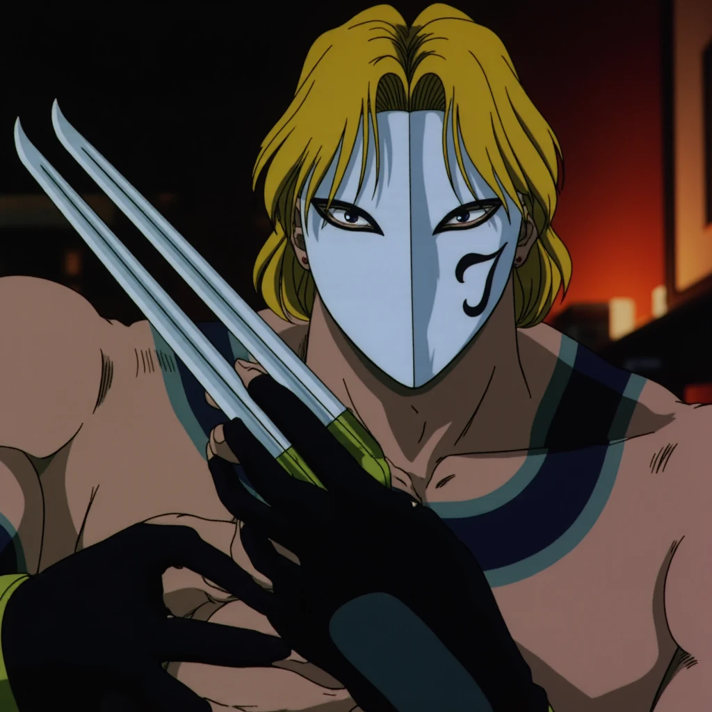 cinematic film still of  <lora:street fighter style v1:0.1>
 <lora:Vega Fabio v1:0.8>
Vega Fabio In 1990's cartoon style a masked man with a claw glove in his hand, perfect image, perfect body, perfect anatomy, sharp image, detailed image, cinematic cartoon style, high quality cartoon color style, street fighter style, Vega Fabio style, claw glove style, solo, long hair, looking at viewer, blonde hair, gloves, upper body, weapon, gun, muscular, mask, topless male, claw (weapon), shallow depth of field, vignette, highly detailed, high budget, bokeh, cinemascope, moody, epic, gorgeous, film grain, grainy