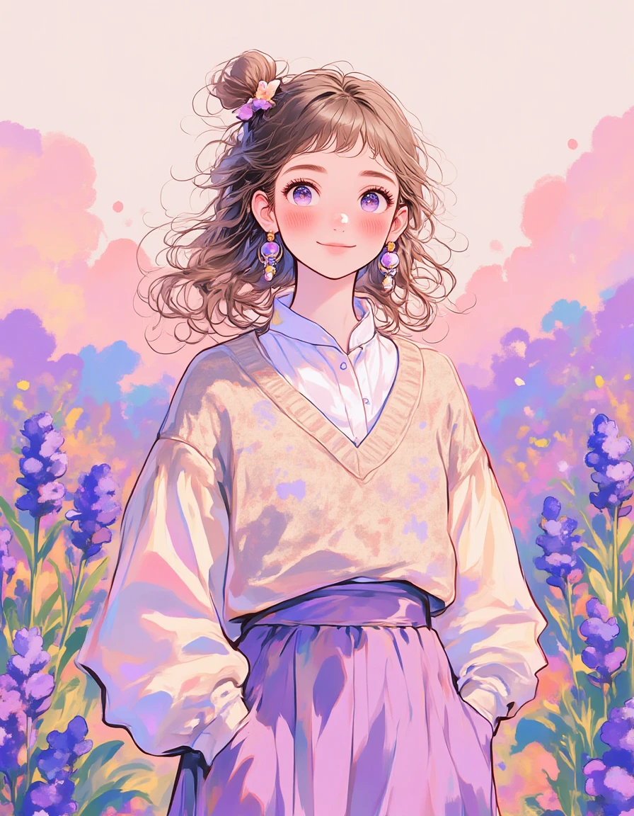 <lora:n1j1-5-12:1.1> ((medium full shot)) image  manga  illustration in n1j1 style,  girl with brunette and half updo with long wavy hair wearing V-neck knit sweater and maxi skirt, with boots, Within the Sweet-Scented Paths of the Lavender Labyrinth , the overall mood of this image is whimsical and cute , she has pink blush, hands in pockets