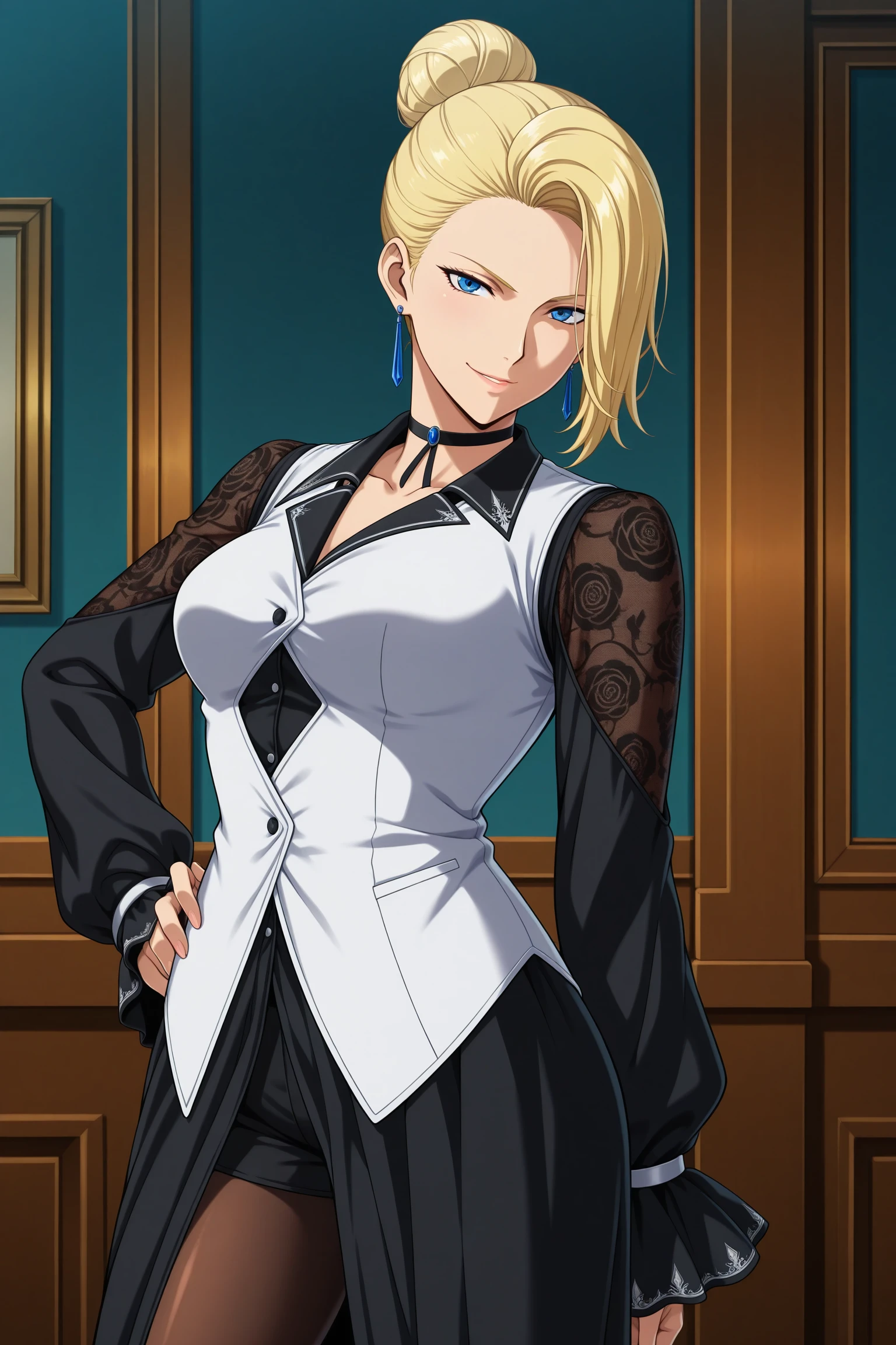 masterpiece, best quality, amazing quality, highres, absurdres, very aesthetic, high resolution, ultra detailed, perfect details, 1girl, looking at viewer, indoors, medium breasts, mature (kof), blonde hair, short hair, hair bun, hair over one eye, blue eyes, blue earrings, black dress, long dress, long sleeves, choker, white vest, clothing cutout, fishnet sleeves, frilled sleeves, front slit, black pantyhose, pantyhose under shorts, black shorts, short shorts, black footwear, high heel boots, <lora:Mature_KOF_XV_ILXL:0.8>, (aged up:1.5), (cowboy shot:1.5), anime coloring, anime screencap, (pose:1.3), smirk