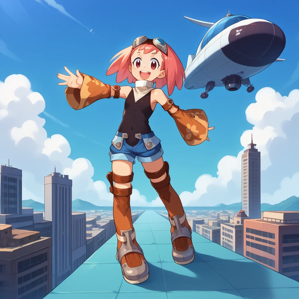 score_9, score_8_up, score_7_up, BREAK best quapoty, absurdres, highres, source_anime, <lora:PDXL_MML3Aero-000007:1> MML3Aero, 1girl, blue short shorts, smile, boots, detached sleeves, goggles on head, full body, open mouth, thighhighs, blue sky, clouds, city, buildings, airship