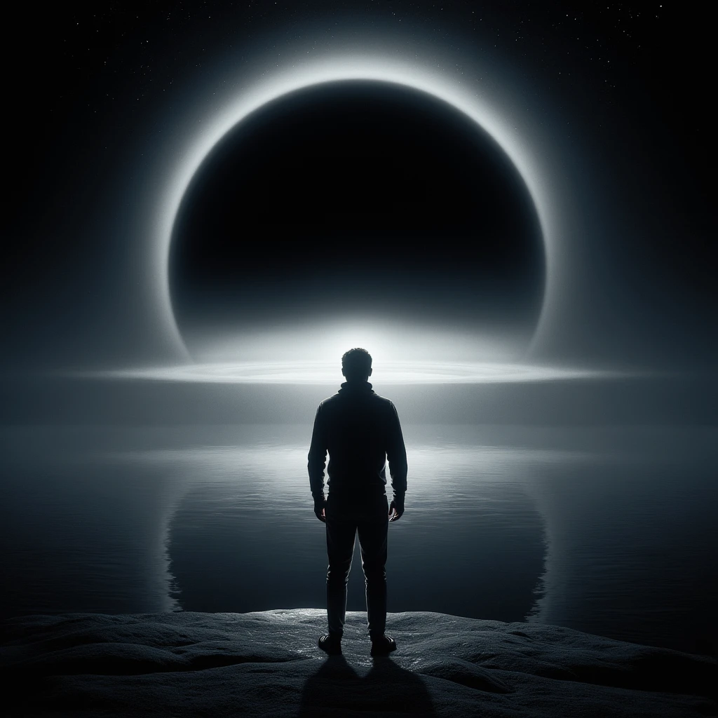 cinematic film still of  <lora:Interstellar style v1:0.5>
In 2067, dystopian science fiction world a man standing in front of a black hole, solo, standing, monochrome, male focus, water, from behind, star (sky), scenery, space, planet, earth (planet), sci-fi, futuristic, movie themed, sharp, detailed, epic cinematic photography, artistic, dramatic light, cinematic color style, Kodak film style, Interstellar style, shallow depth of field, vignette, highly detailed, high budget, bokeh, cinemascope, moody, epic, gorgeous, film grain, grainy