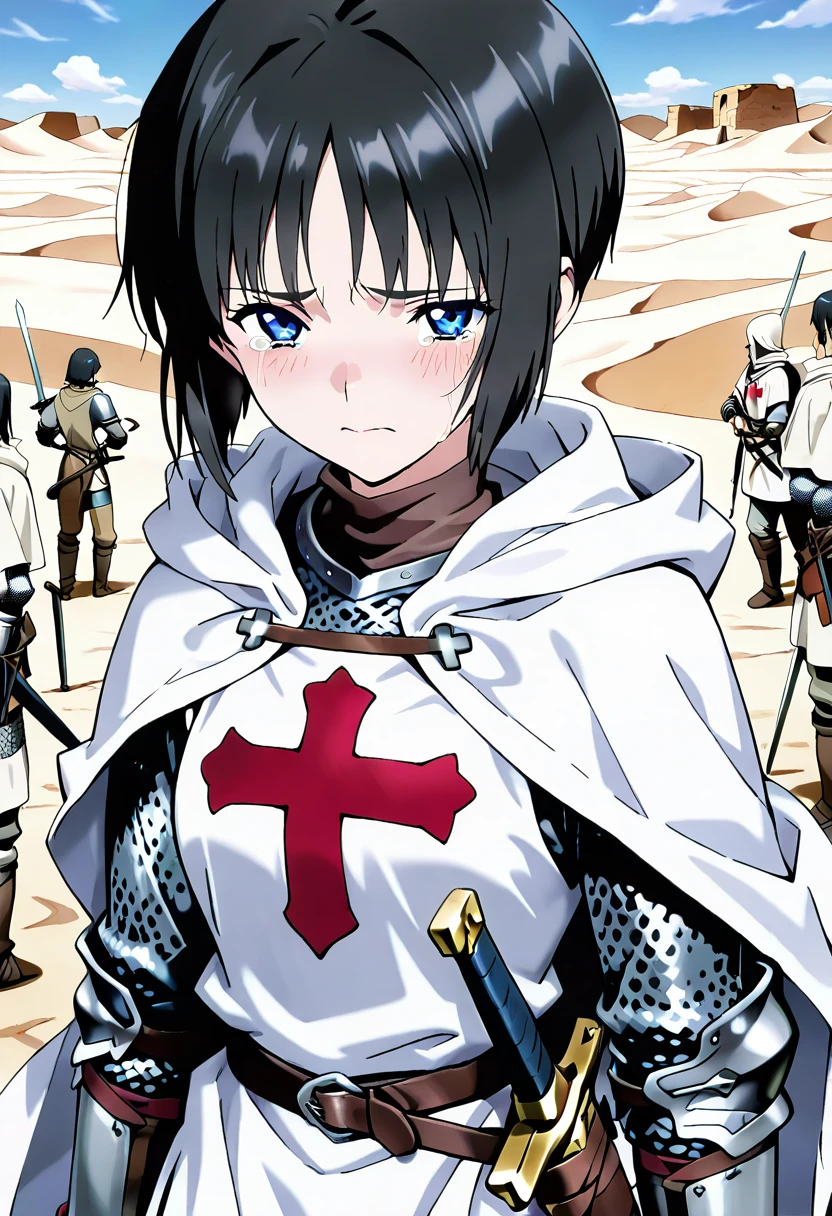 masterpiece, best quality, absurdres, detailed skin, anime colored, anime screencap,
<lora:aki:1> , SaitoE, black hair, looking at viewer, sad eye, 
<lora:templarclothesxl:1>, t3mpl4rtunic, (((white tunic with a red cross))), white tunic, red cross,  (chainmail:1.1), medieval,  sword at waist, sword sheath,  (white hooded cloak), no headwear,
desert,