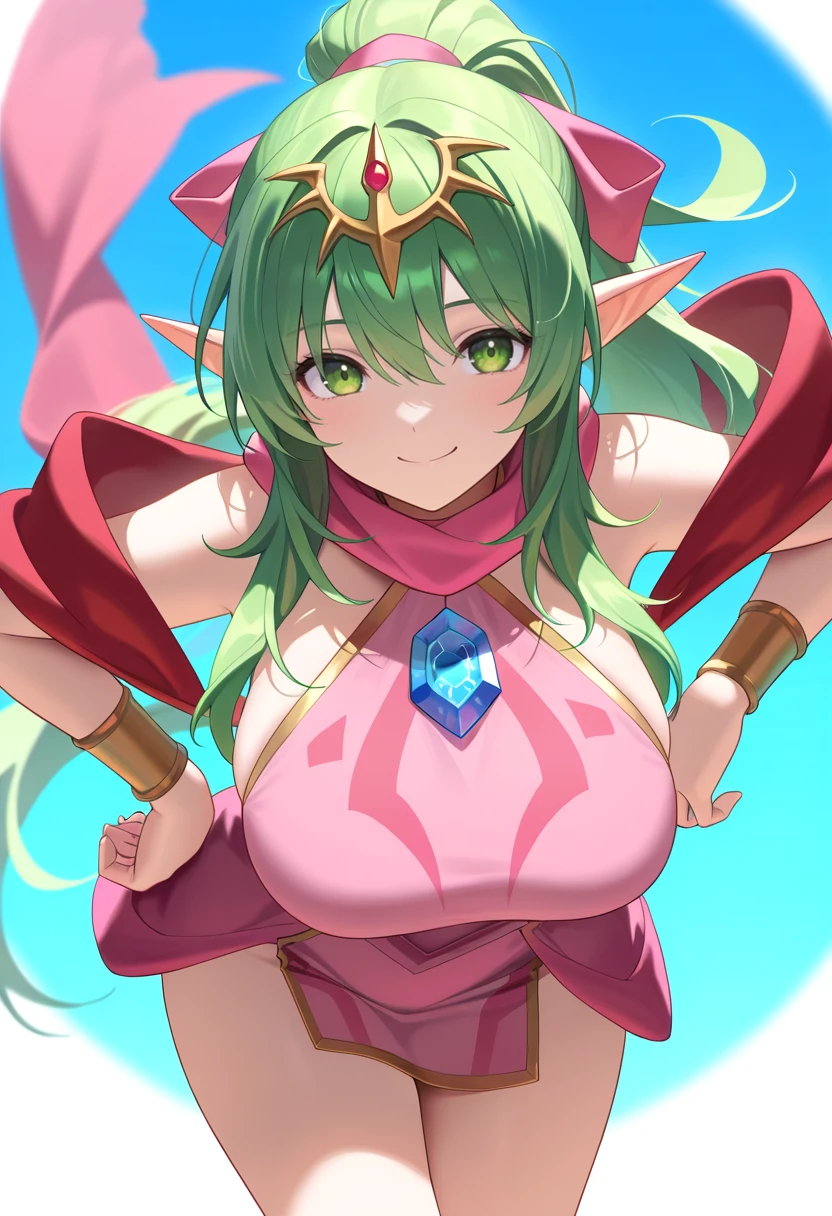 masterpiece, best quality,   blue gem, green eyes, green hair, hair ornament, hair ribbon, jewelry, long hair, pink dress, pointy ears, ponytail, pink scarf, red shawl, short dress, tiara, big breasts <lora:Tiki-initium-ilxl-t1:1>, smile,  halterneck,