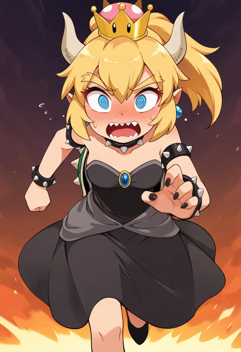 masterpiece, best quality, amazing quality, very aesthetic, absurdres, 1girl, solo,
<lora:Bleedman-IL:0.8> bldmn, Bowsette,
solo, running towards viewer, running, looking at viewer,, averting eyes,  sweatdrop,  nervous,  surprised, open mouth,   @ @,  flying sweatdrops,, low angle view,