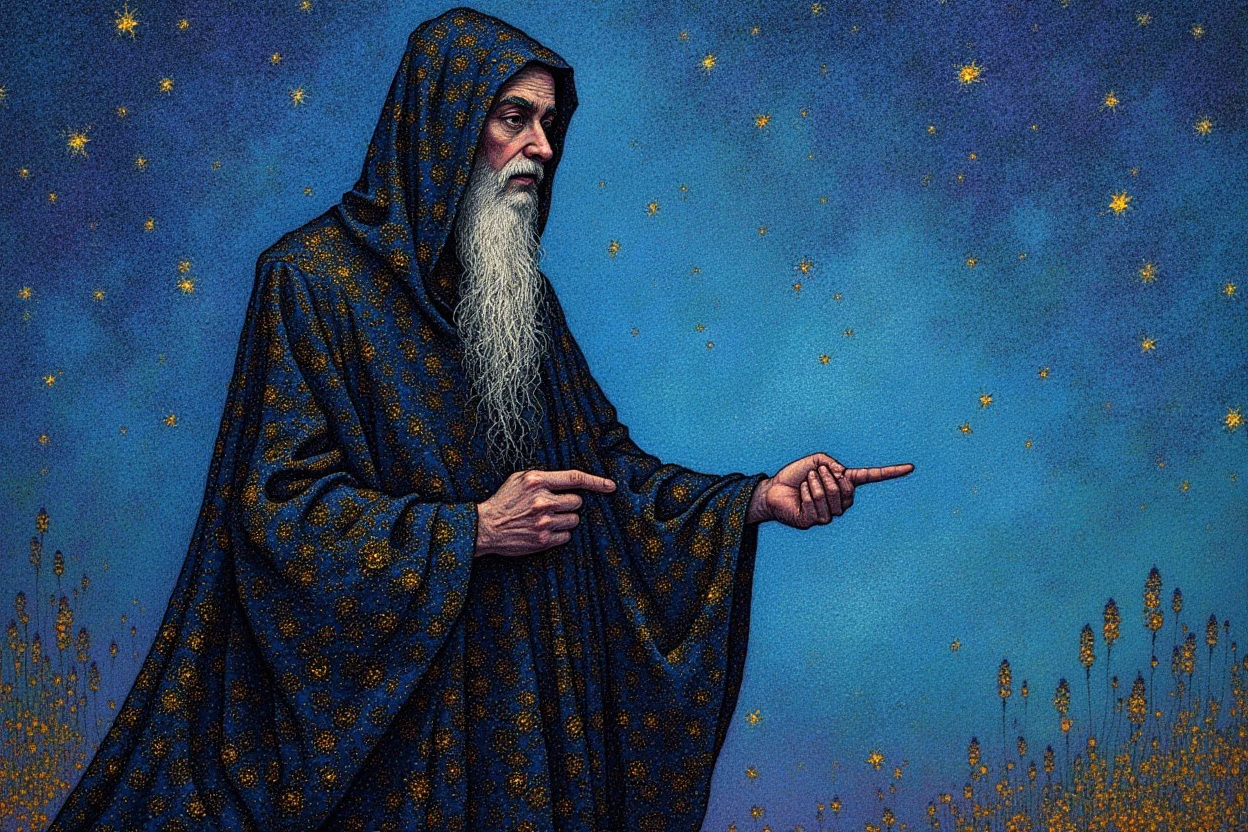 dotted truepointilli painting of an archmage wearing a bizarre robe with stars in blue