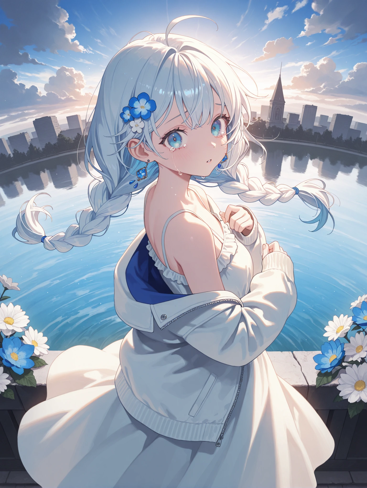 impactful picture,offcial art,movie perspective, (aos:0.5),(fajyobore:0.5),(chiaroscuro:0.5),,from_above, 1girl, solo, flower, long hair, braid, cloud, sky, virtual youtuber, outdoors, blue eyes, dress, floating hair, ahoge, off shoulder, white flower, white dress, blue hair, sleeves past wrists, jacket, hair ornament, looking at viewer, white hair, long sleeves, cloudy sky, parted lips, white jacket, twin braids, building, earrings, jewelry, tears, water, open clothes, blue flower very aesthetic,, shirt, 1girl,(((porfect hand))),
masterpiece,best quality,amazing quality,very aesthetic,absurdres,newest,